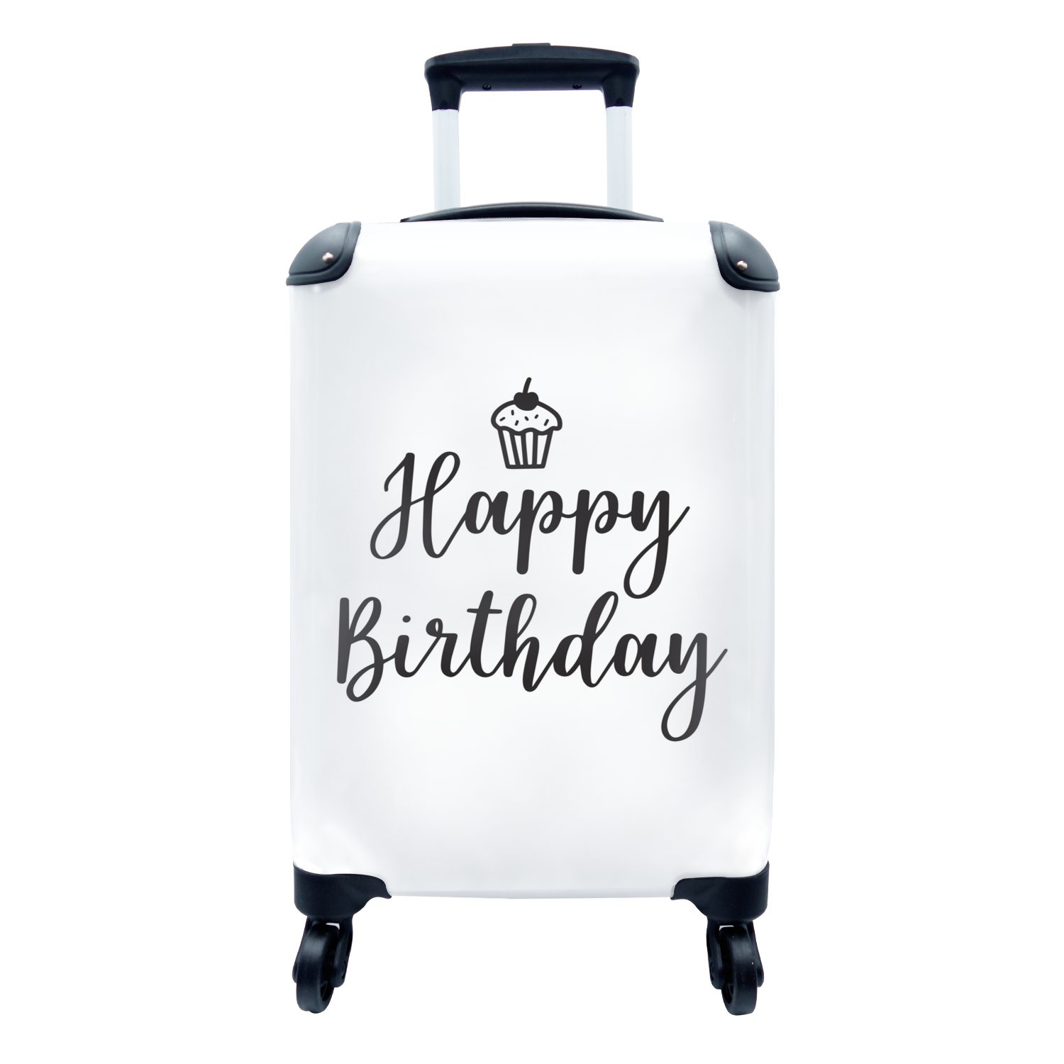 MuchoWow Handgepäckkoffer Cupcake mit dem Zitat "Happy Birthday" auf einem weißen Hintergrund, 4 Rollen, Reisetasche mit rollen, Handgepäck für Ferien, Trolley, Reisekoffer | Handgepäck-Koffer