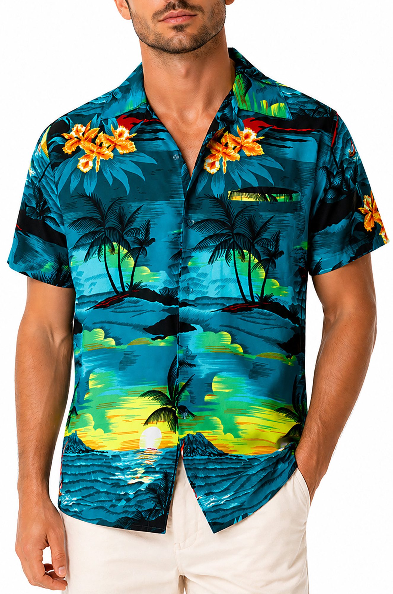 King Kameha Hawaiihemd "Surf" Funky Hawaii-Hemd Herren Kurzarm Front-Tasche Sommerhemd