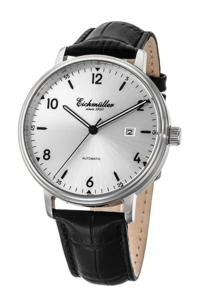 Automatikuhr Eichmüller Silberfarben Uhrwerk Herrenuhr 42 RE7029 Lederband 8215 Schwarz mm, Miyota Japanisches