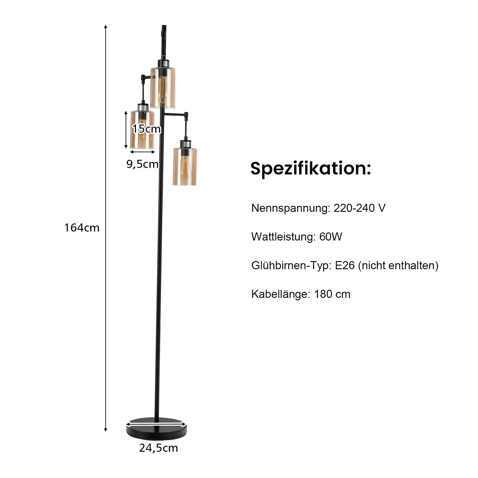 COSTWAY Stehlampe, 164cm mit 3 hängenden Braunglasschirmen & Fußschalter