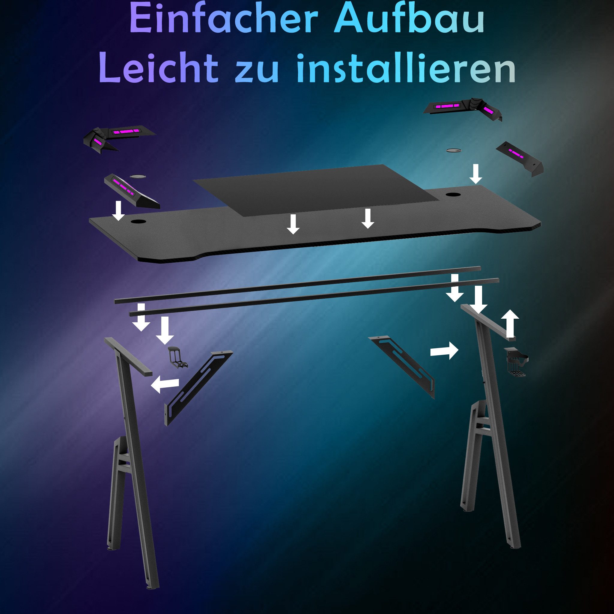 FIVMEN Computertisch Gaming Schreibtisch mit LED A-Förmige Computer Tisch Schwarz