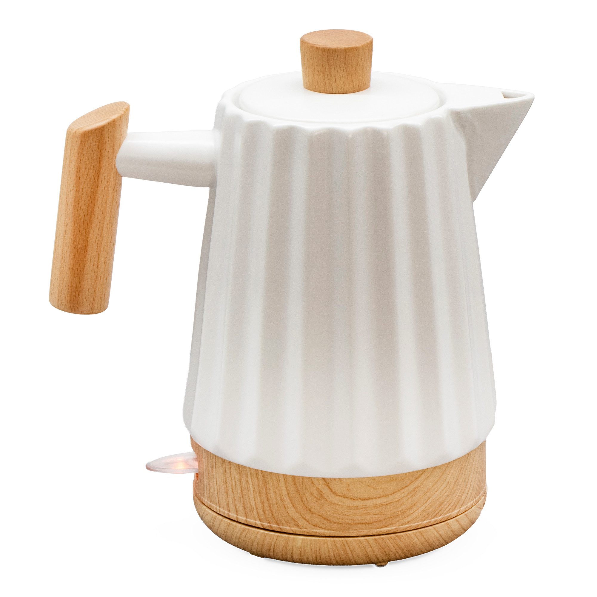 KVOTA Wasserkocher Keramik-Wasserkocher 1,7 l weiß mit Holzgriff, LED & 360°-Sockel, 1.7 l, 1500 W, Leise im Betrieb, Längere Warmhaltezeit