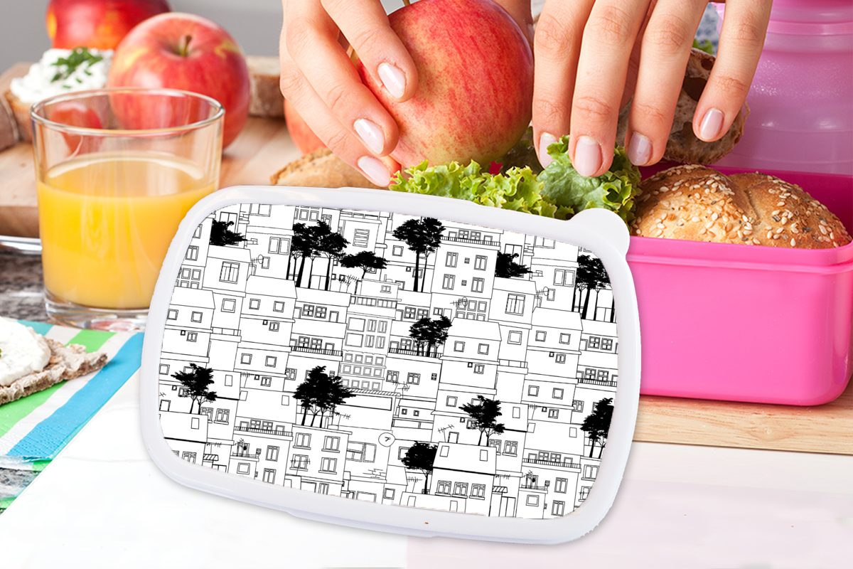 rosa Brotdose Muster Kunststoff, (2-tlg), Erwachsene, Kinder, Brotbox Haus, Mädchen, - Kunststoff - Snackbox, Bäume für MuchoWow Lunchbox