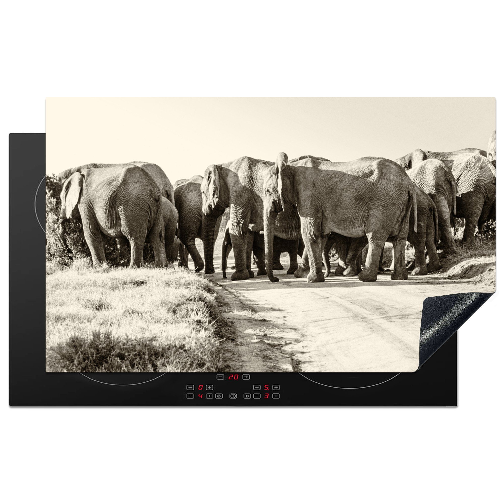 Afrikanische cm, Ceranfeldabdeckung, Vinyl, 83x51 (1 für tlg), Herdblende-/Abdeckplatte Arbeitsplatte MuchoWow Elefanten Sepia-Fotodruck, küche