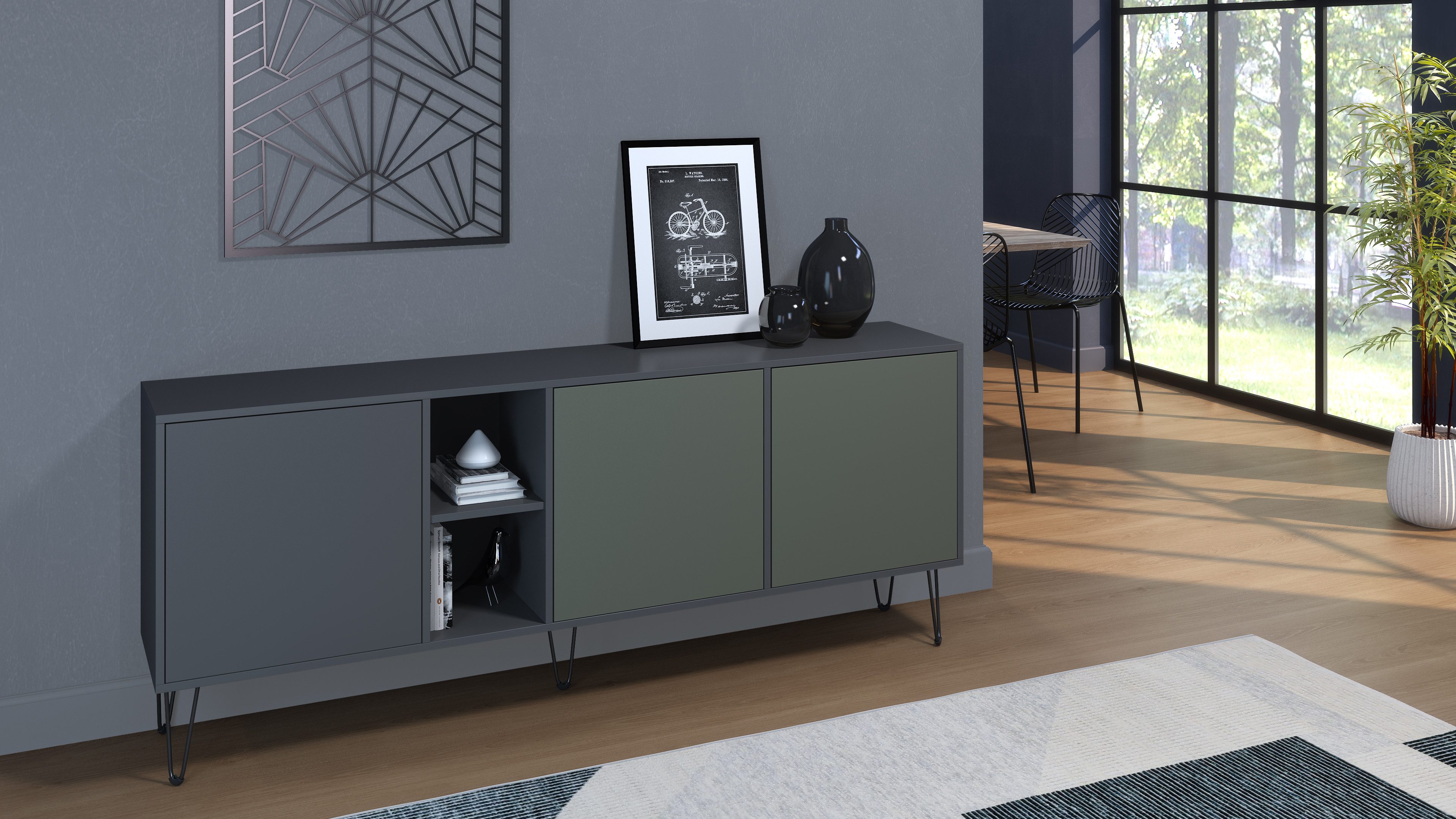 Vladon Sideboard Havana (TV-Schrank mit 3 Türen und 2 offene Fächer, Kommode Made in Germany), Anthrazit matt / Fjord Grün (181,5 x 73 x 35 cm)