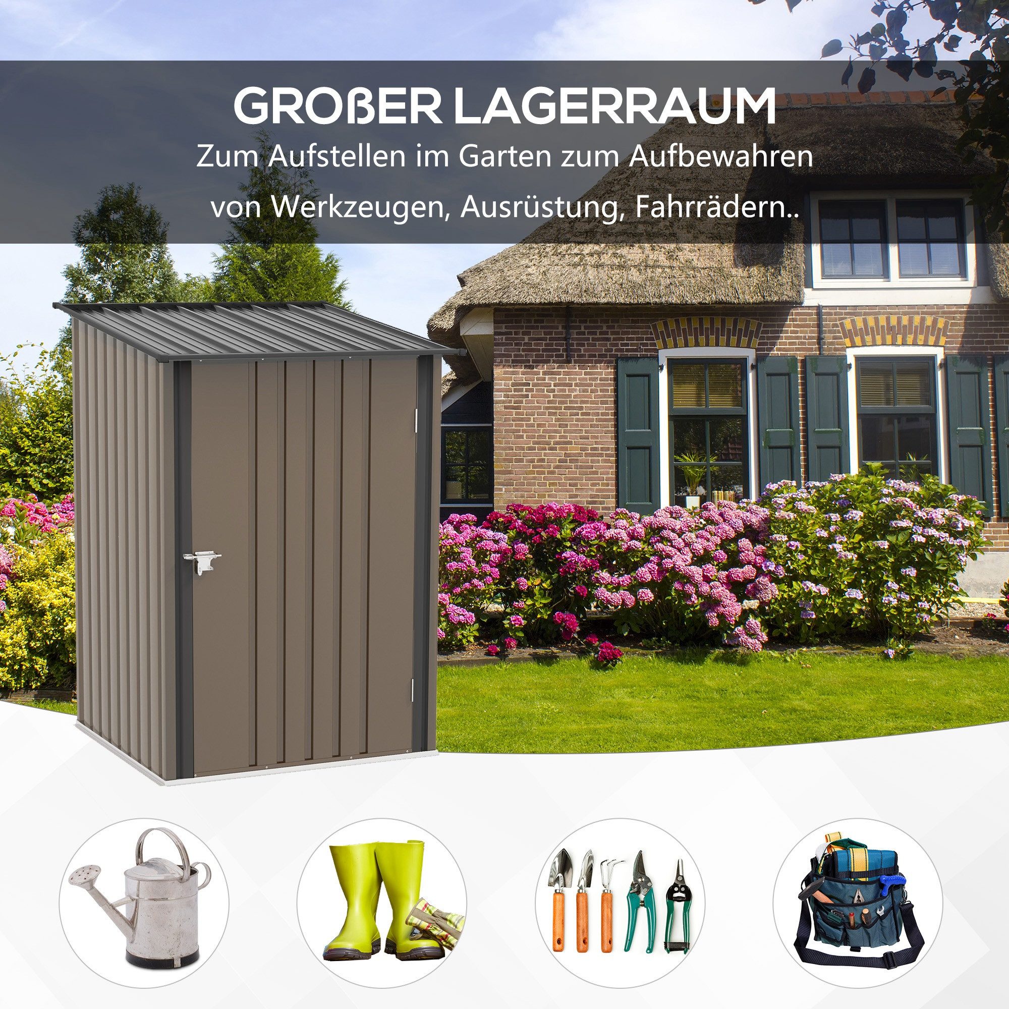 CHICFURN Gerätehaus Stahl Gerätehaus 0,92 m² abschließbar, BxT: 100x103 cm, (Packung, 1 St., 100x103x160cm, Braun), mit Pultdach und hoher Stabilität
