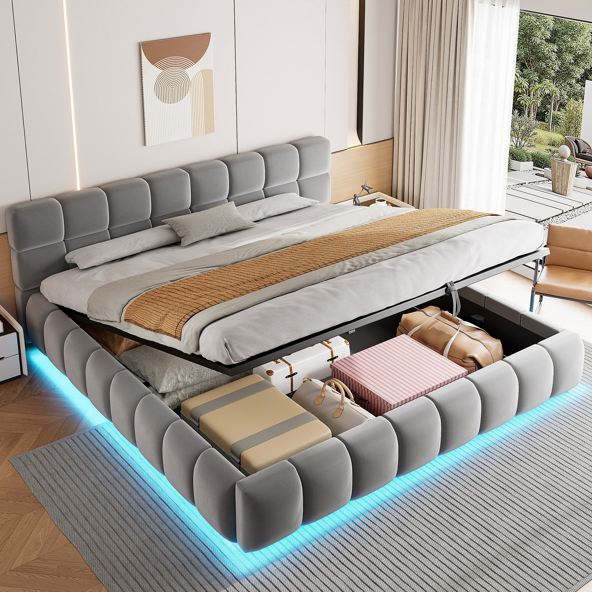 Merax Polsterbett mit LED-Licht & hydraulischem Stauraum (1-tlg), Doppelbett 180×200cm mit voluminösem Kopfteil, Mehrzweckbett, Samt