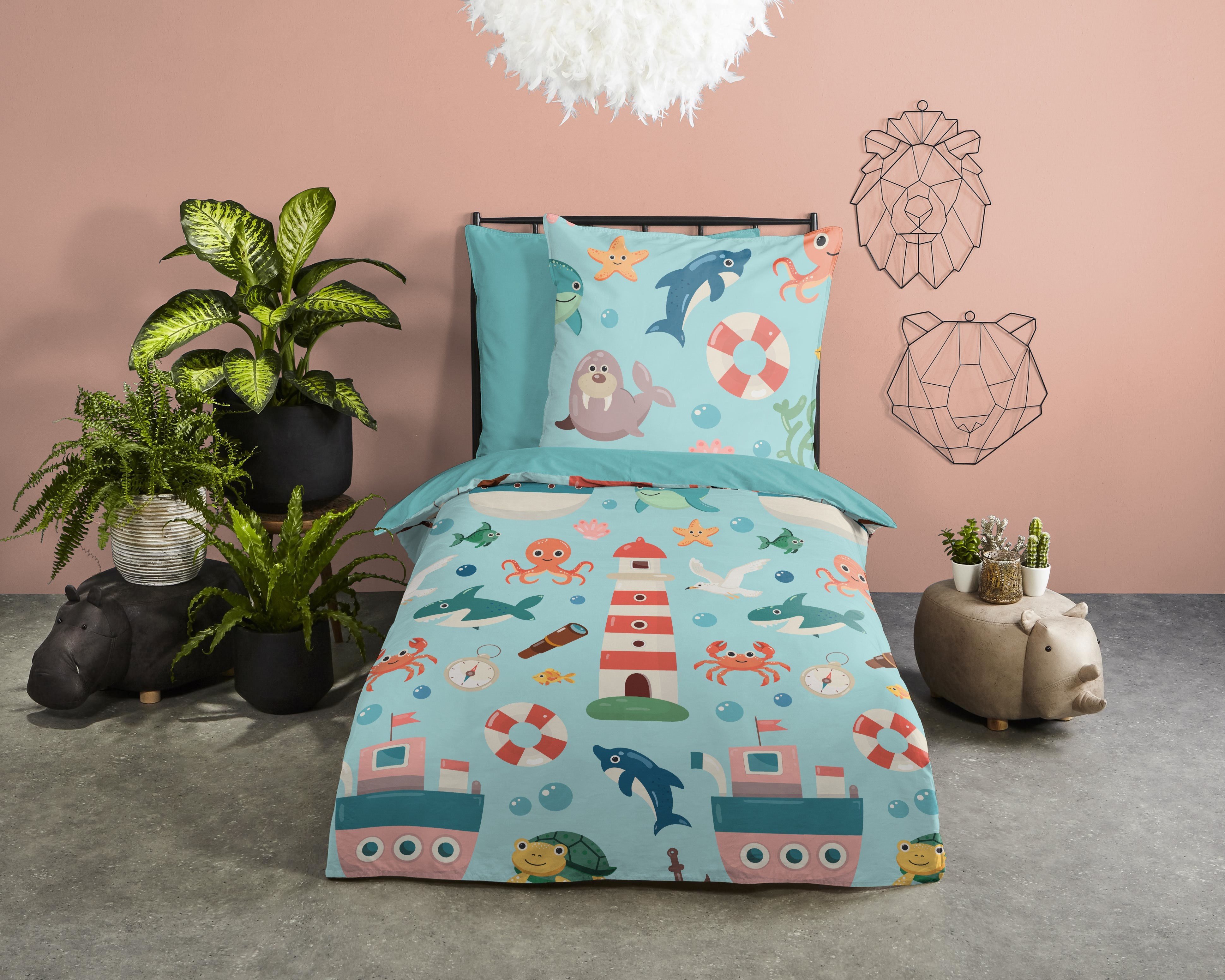 PURE luxury collection Kinderbettwäsche Sailor, Microfaser, 2 teilig, Mikrofaser, 135x200, 2 Teilig, Wendeoptik, Kind, Meerestiere, Maritim