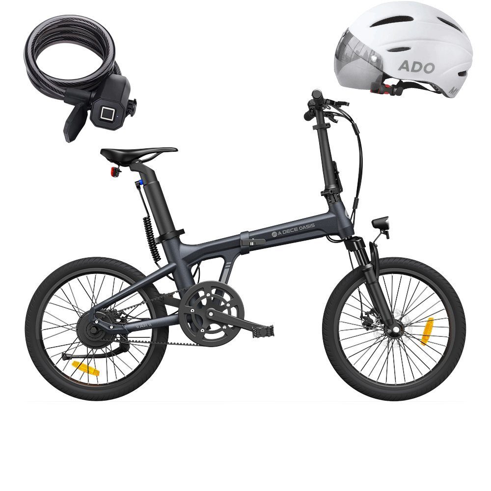 ADO E-Bike Air 20S Faltbares E-Fahrrad,klapprad Riemenantrieb,Pedelec, 1 Gang, Heckmotor, ebike Herren/Damen,Fingerabdruck-Schloss/Helm Handyhalter,Werkzeug Grau