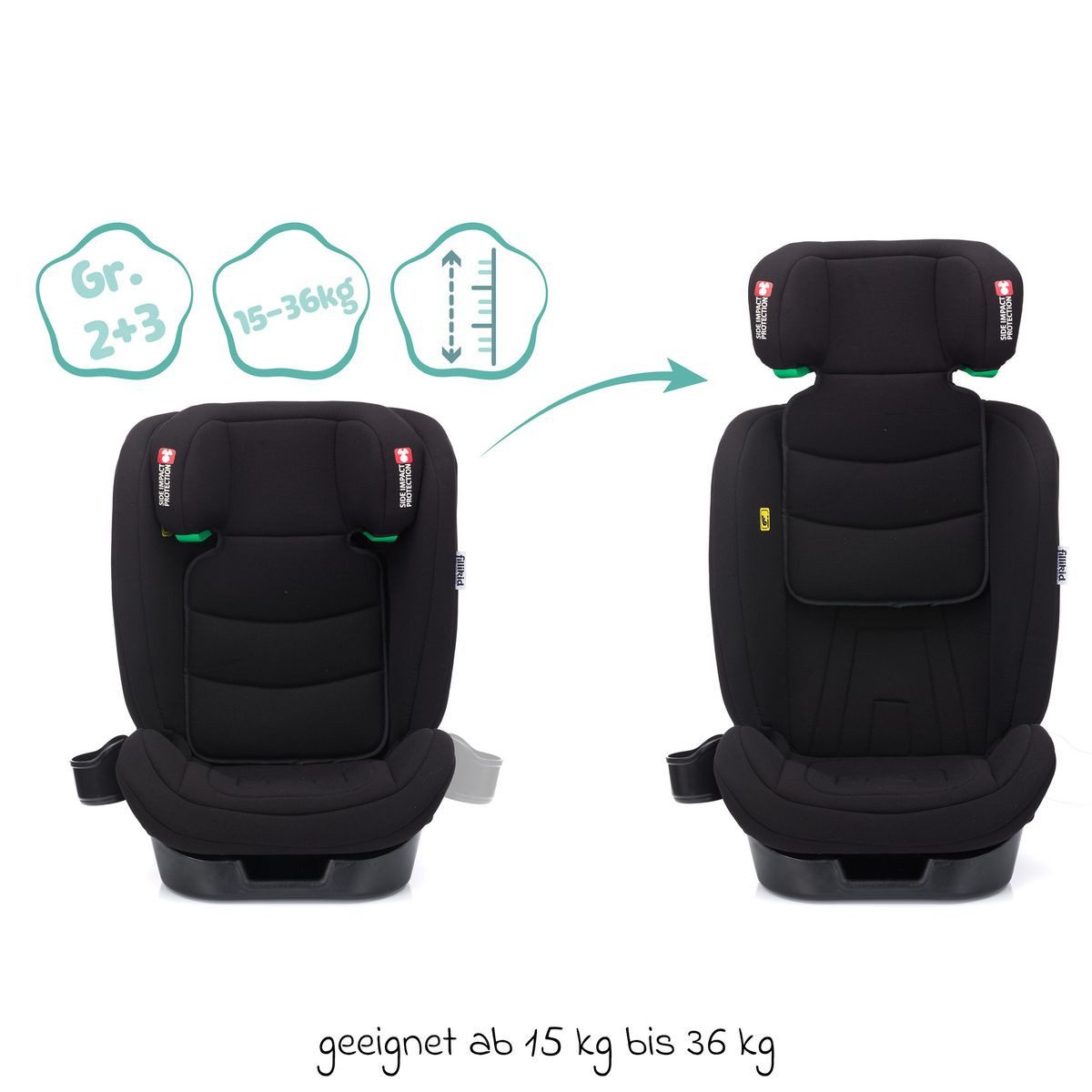 Fillikid Autokindersitz Elli Pro - Schwarz, Kindersitz ab 3 Jahre-12 Jahre / 100 cm-150 cm mit Isofix & Sitztasche