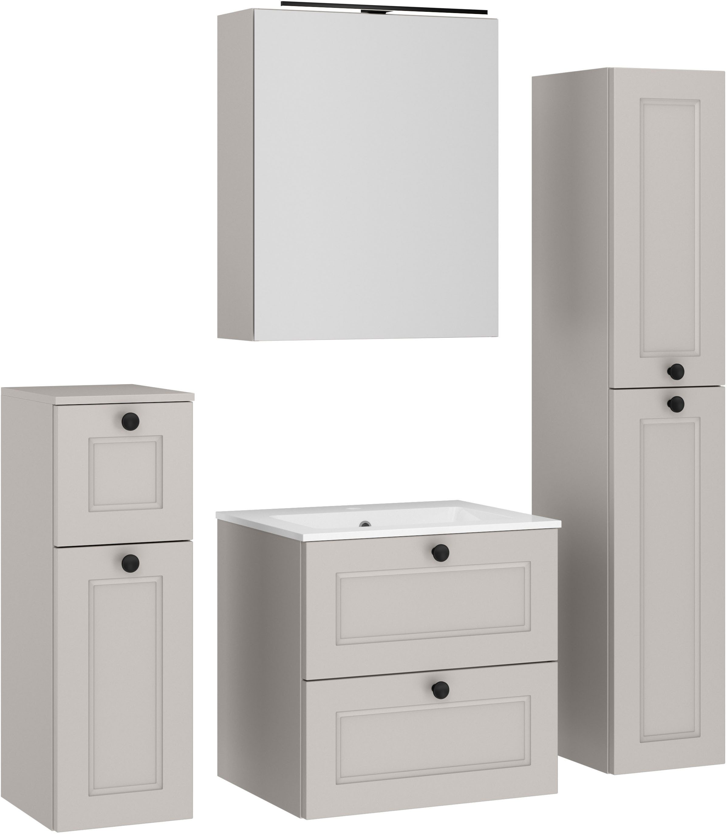 nobilia® Badmöbel-Set Cascada, (Set, 4-St., mit Waschbecken, inkl. Spiegelschrank mit Beleuchtung), vormontiert, mit Soft-Close, in vier Breiten