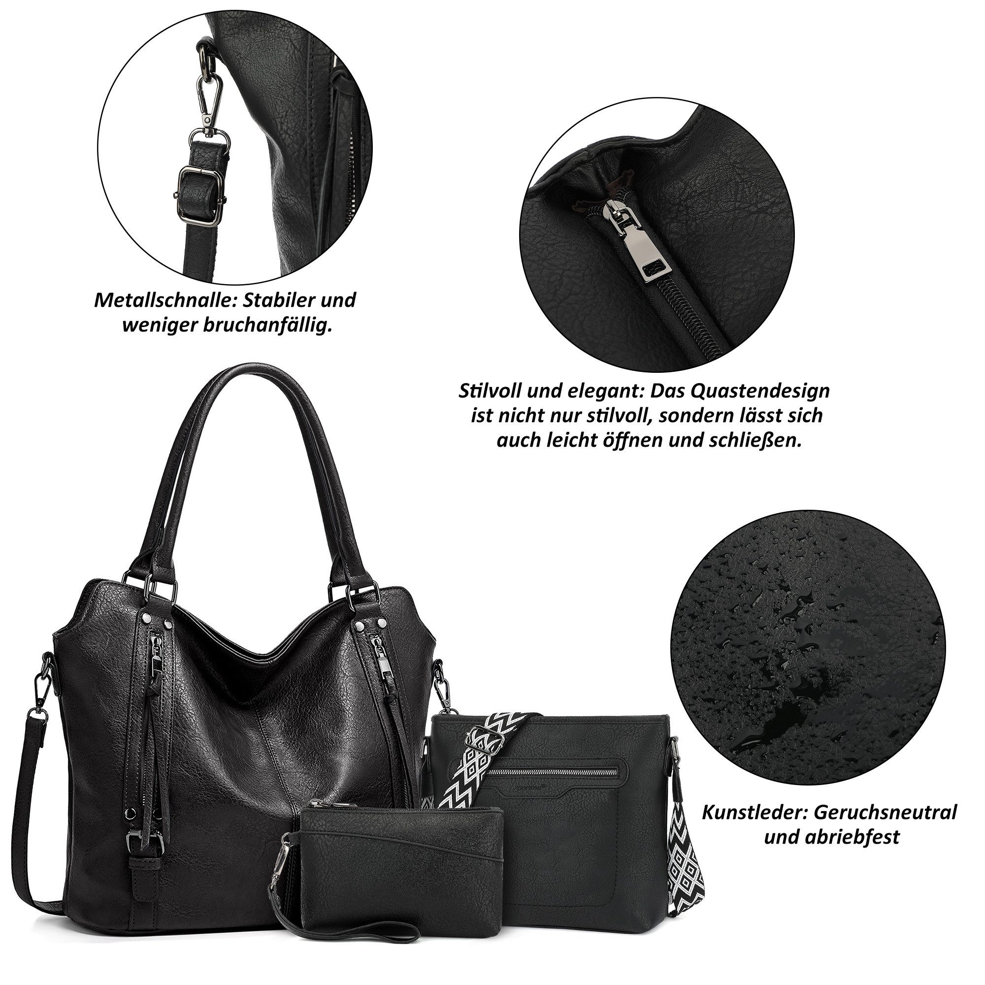 TAN.TOMI Handtasche 3-Tlg Shopper Schultertasche Geldbörse Damen Groß Umhängetasche, Für Freizeit Business Schule Büro usw in schlichter Optik