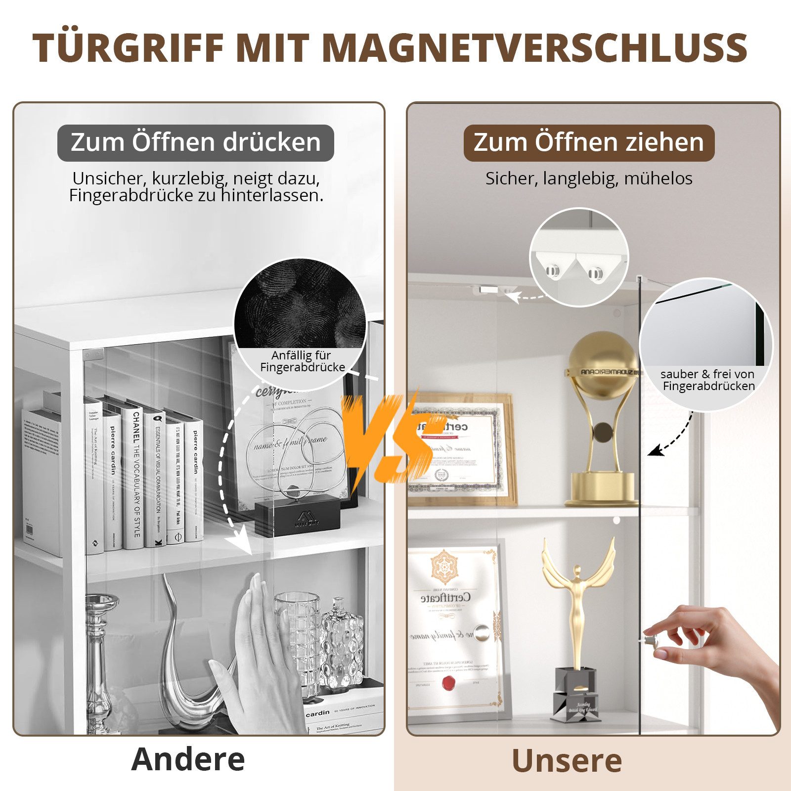 VOWNER Glasvitrine mit 3-Farben-LED - Bewegungssensor (1-St) 5 übereinanderliegende Regale, 80x204x35 cm
