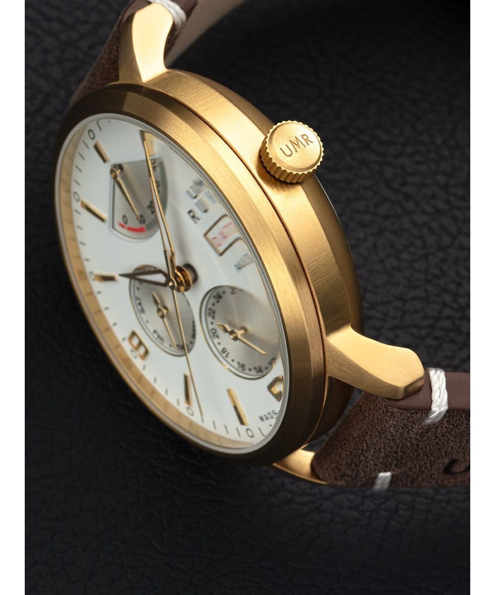 UMR Ruhla Automatikuhr 80274 Herrenuhr 42 mm IP-Gold Weiß Lederarmband - Made in Germany