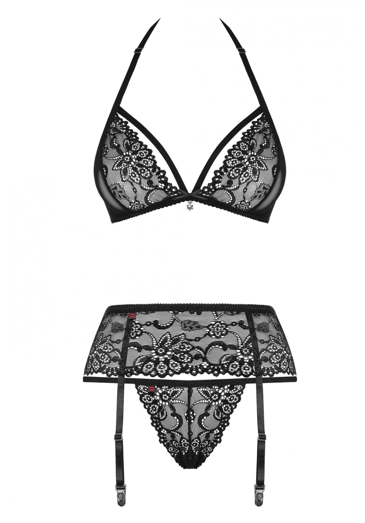 Obsessive Set: Bügelloser BH Dessous-Set mit Strumpfhalter-Gürtel und Tanga Spitze - schwarz (3-tlg) transparente Spitze