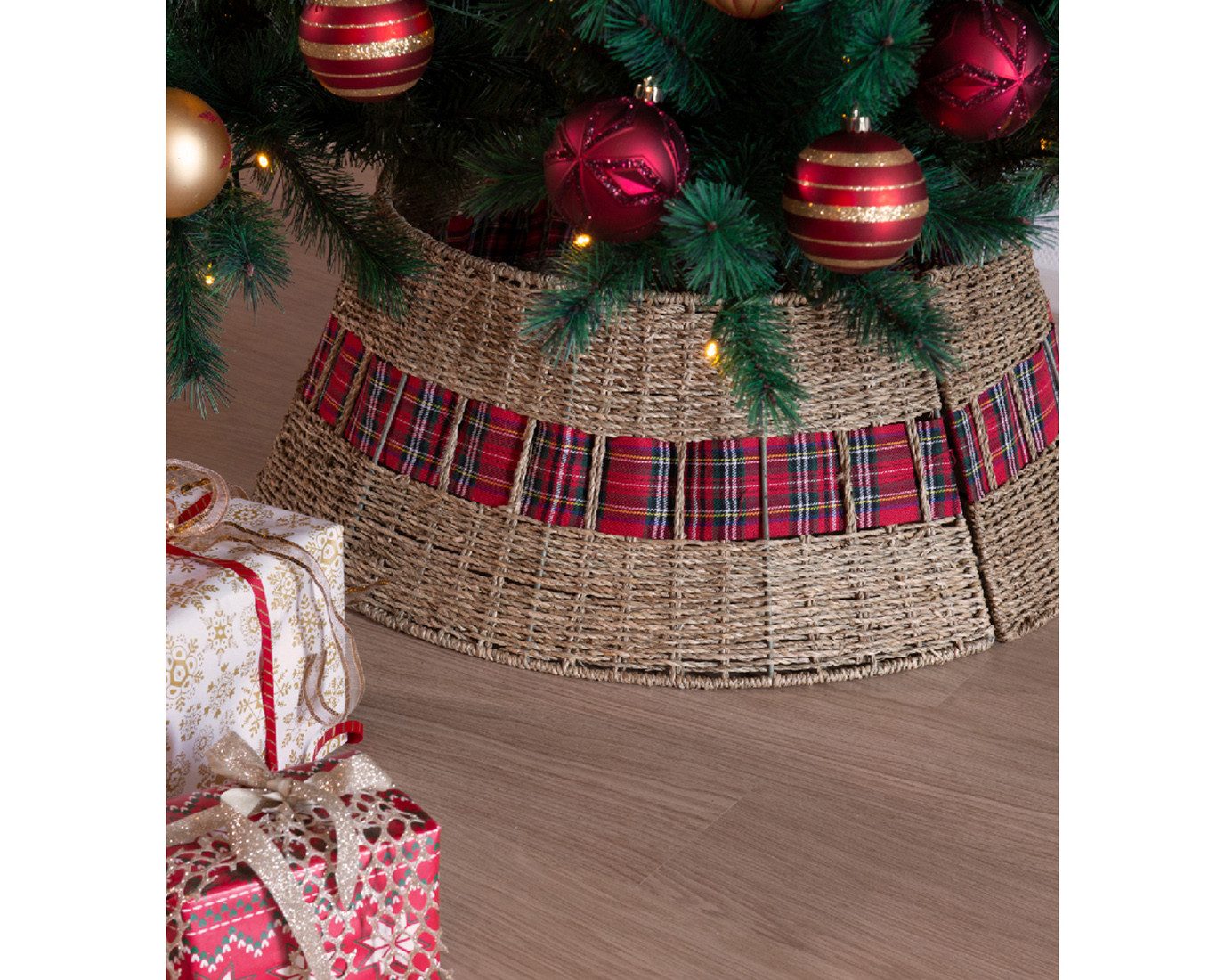 Kaemingk Weihnachtsbaumdecke, Weihnachtsbaumdecke aus Seegras 57x28cm natur braun / rot