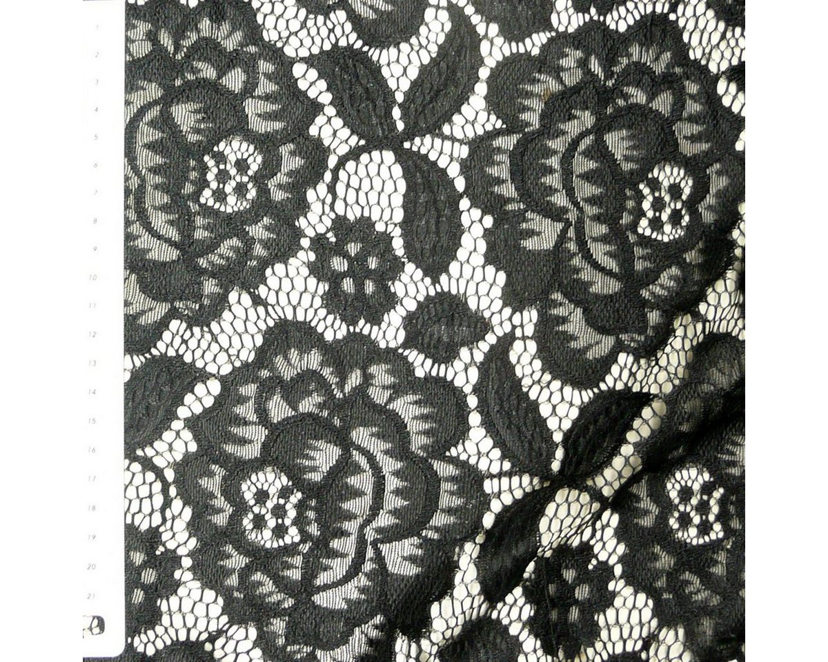 Thumbnail - SCHÖNER LEBEN. Stoff Bekleidungsstoff Spitze Blumen schwarz mit Wellen Abschluss beidseitig