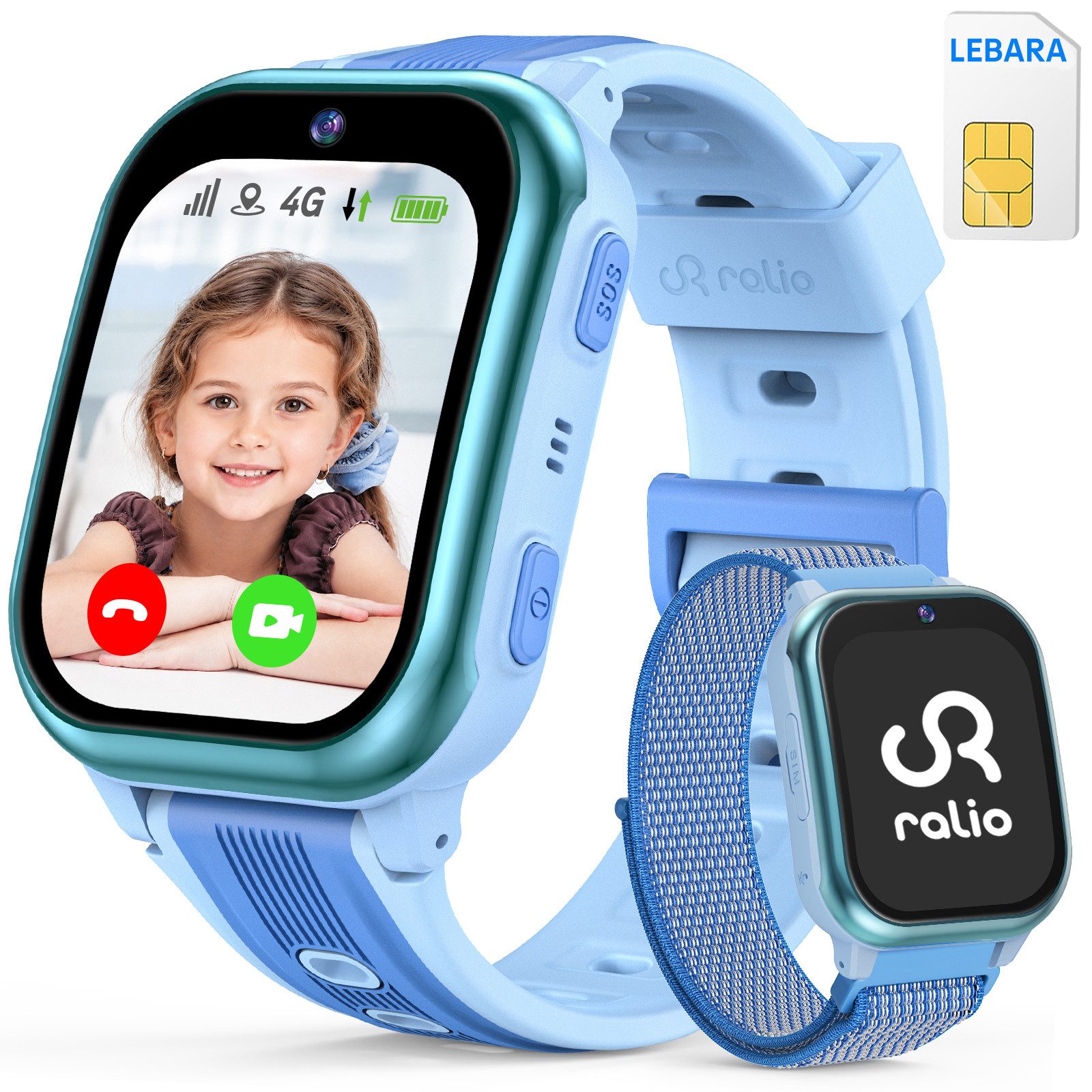 Ralio R5 Plus 4G Smartwatch Kinder, Ralio x Lebara Kinderuhr inkl. SIM-Karte Smartwatch (gebogenes Ultra-HD-Display cm/1.7 Zoll) 3 Tage Akkulaufzeit, GPS-Ortung, Kinderuhr mit HD-Videoanrufen, Schulmodus, SOS, Familien-Gruppenchat und mehr, Zwei Armbänder
