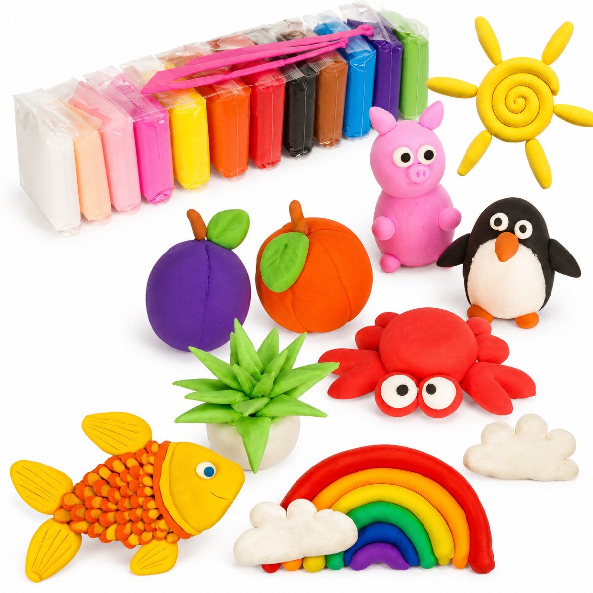 R2 Invest Modelliermasse Set Kinder 24 Tütchen Bunte Knete zum Formen und Basteln (24-tlg)