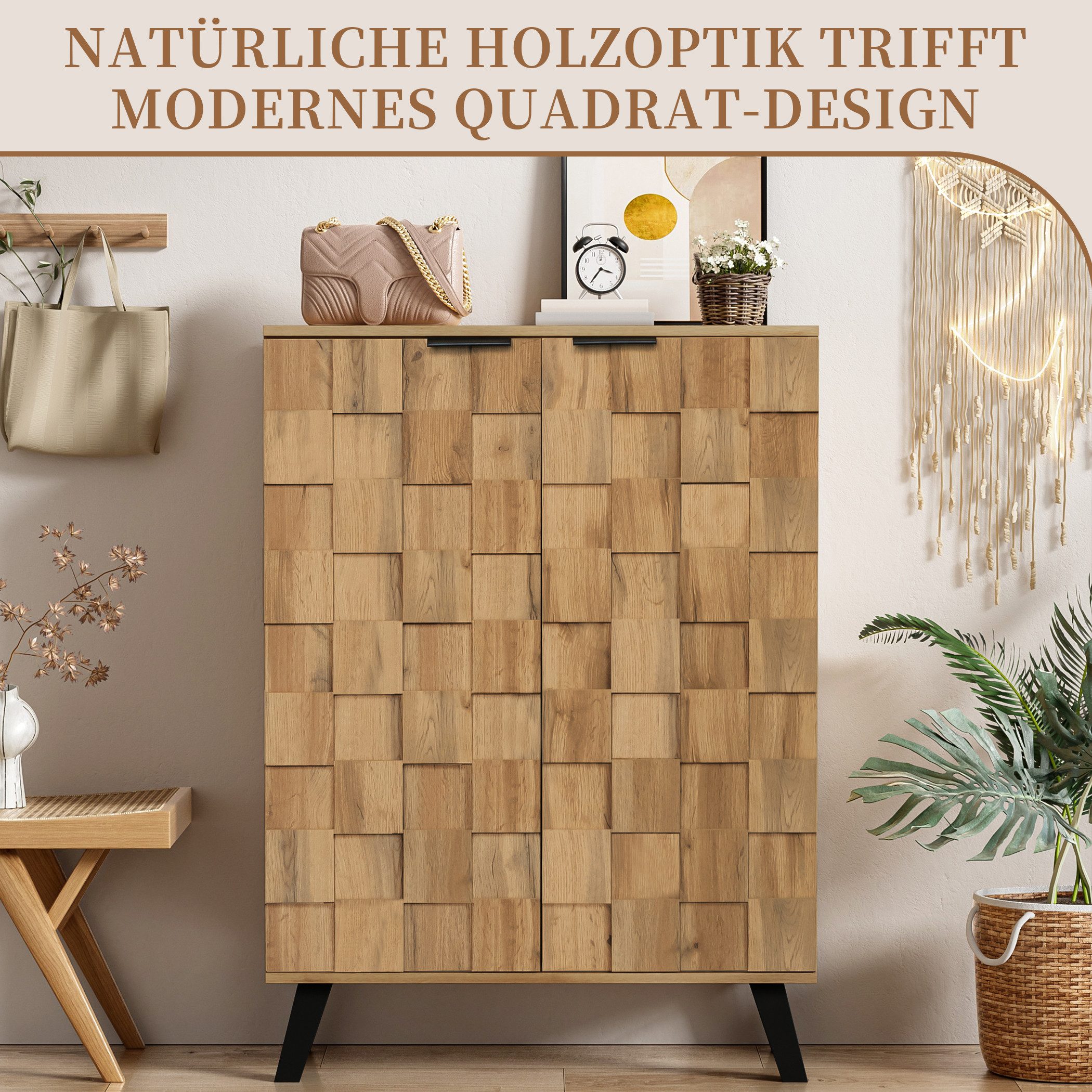 SeedWave Schuhschrank Schuhregal in Holzoptik mit Quadrat-Relief, 5 Geschlossenen Fächer 35cm Tiefe, Verstellbare Einlegeböden – Bild 2 von 5