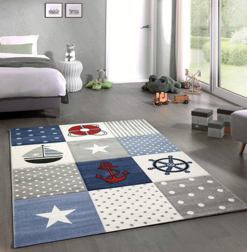 Carpetia Kinderteppich Kinderteppich Kinderzimmer Jungen Maritim Meer kariert blau, rechteckig, Höhe: 13 mm