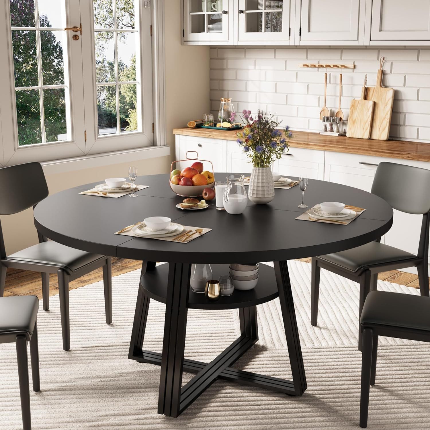 GarveeMore Esstisch Runder für 4-6 Personen,120 cm,Landhausküchentisch mit Stauraum, Küchentische für Esszimmer,Küche,Wohnzimmer,Wohnung