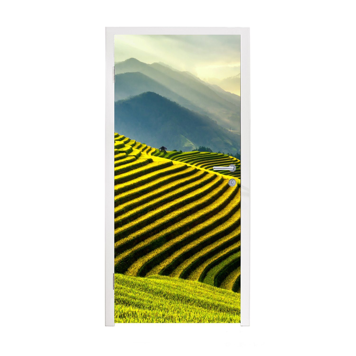 MuchoWow Türtapete Terrassen von Reisfeldern mit einer Berglandschaft im Hintergrund in, Matt, bedruckt, (1 St), Fototapete für Tür, Türaufkleber, 75x205 cm