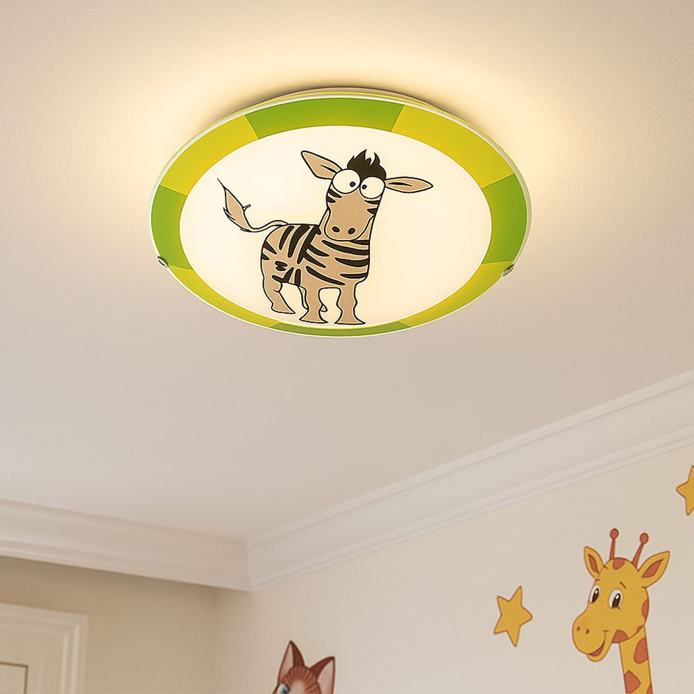 EGLO Deckenleuchte, Leuchtmittel nicht inklusive, Kinderlampe Deckenleuchte Wandlampe Glas grün weiß Zebra Motiv D 25 cm