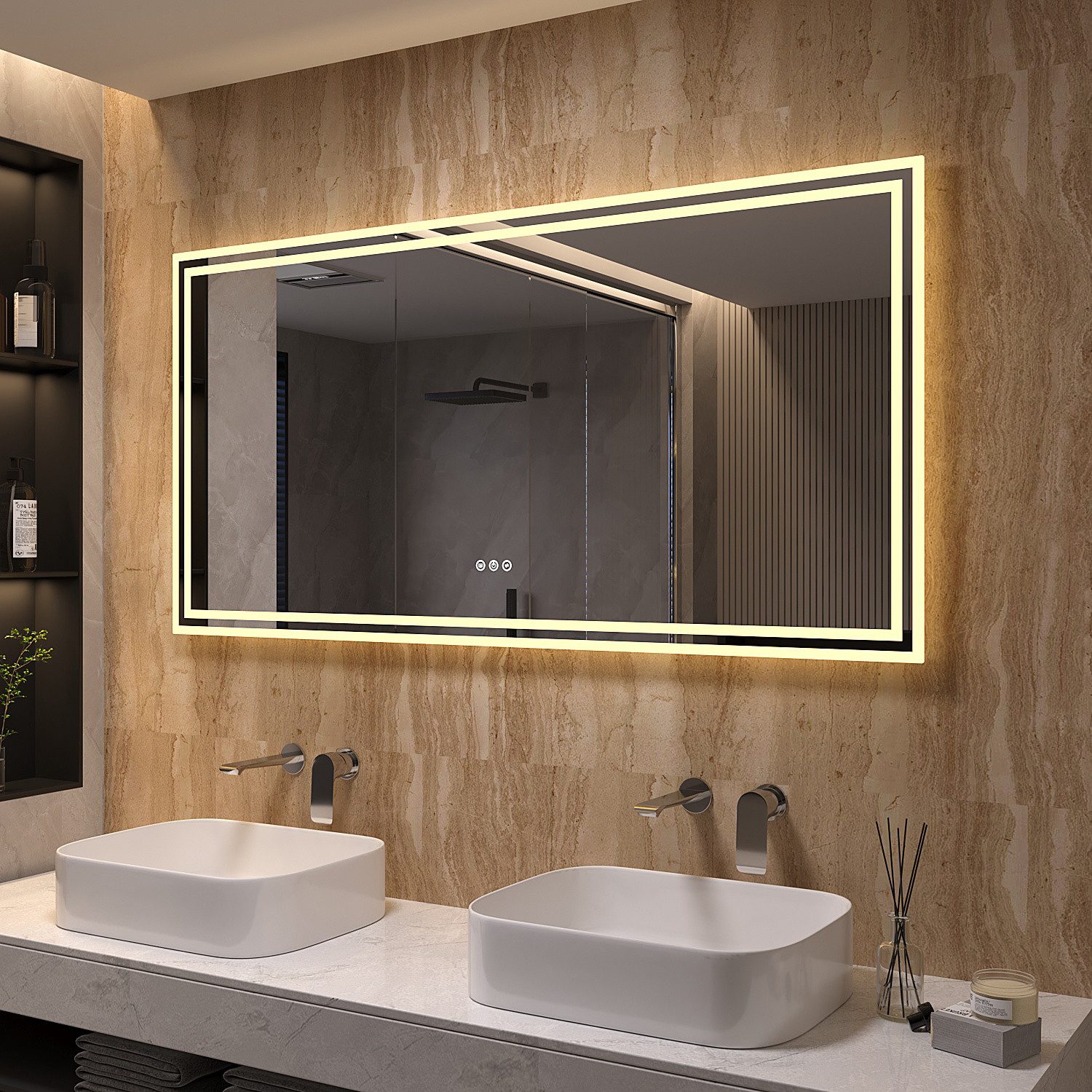 AQUABATOS Badspiegel LED Badspiegel IP44 mit Touchschalter Dimmbar Abgerundete/Scharfe Ecke (LED Badspiegel 160x70 140x70 100x70 cm mit Beleuchtung Lichtspiegel – Bild 3 von 5