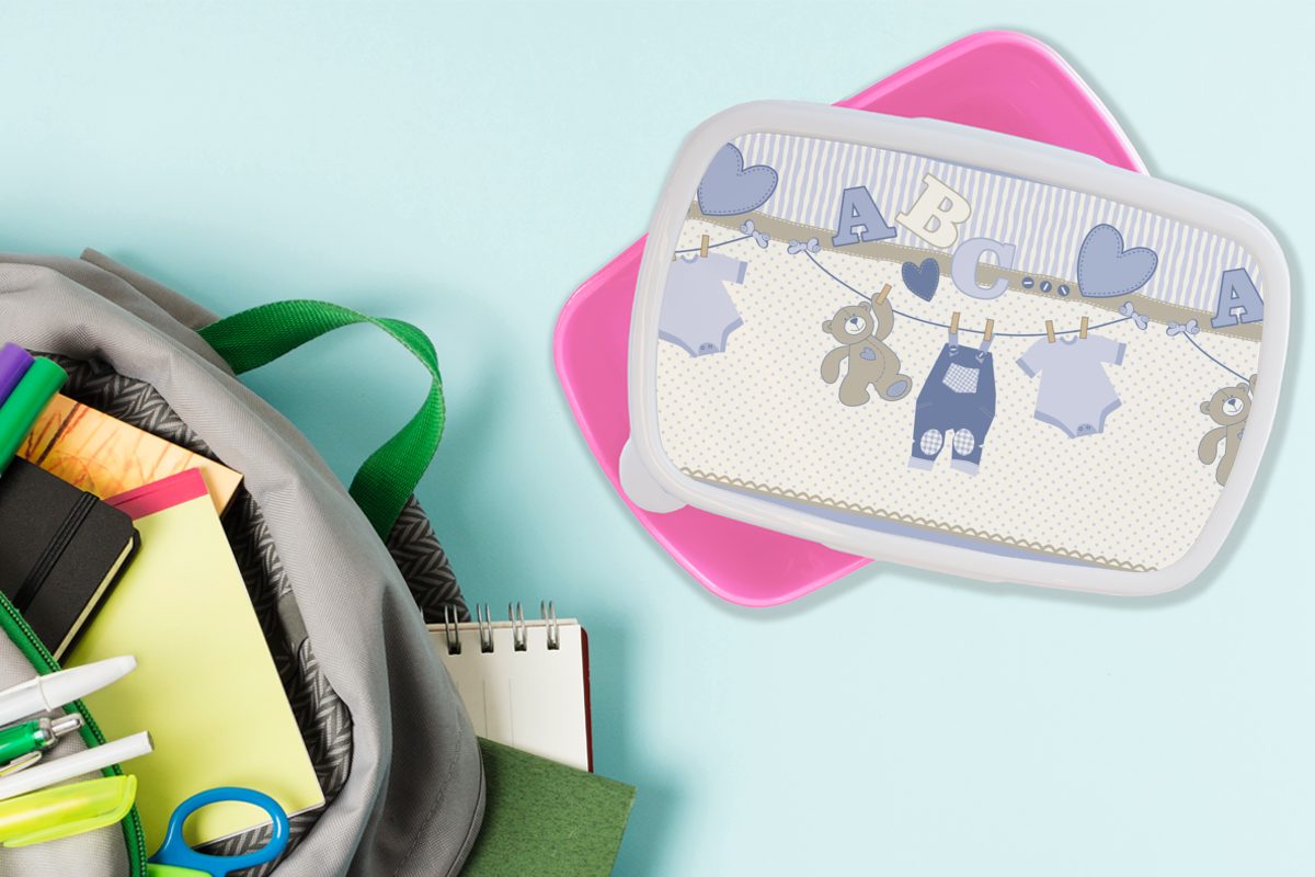 Babykleidung Teddybär Brotdose Wäscheleine Kunststoff, Kinder, Lunchbox - Snackbox, Kunststoff MuchoWow - - für Erwachsene, Mädchen, Brotbox (2-tlg), Schnittmuster, rosa