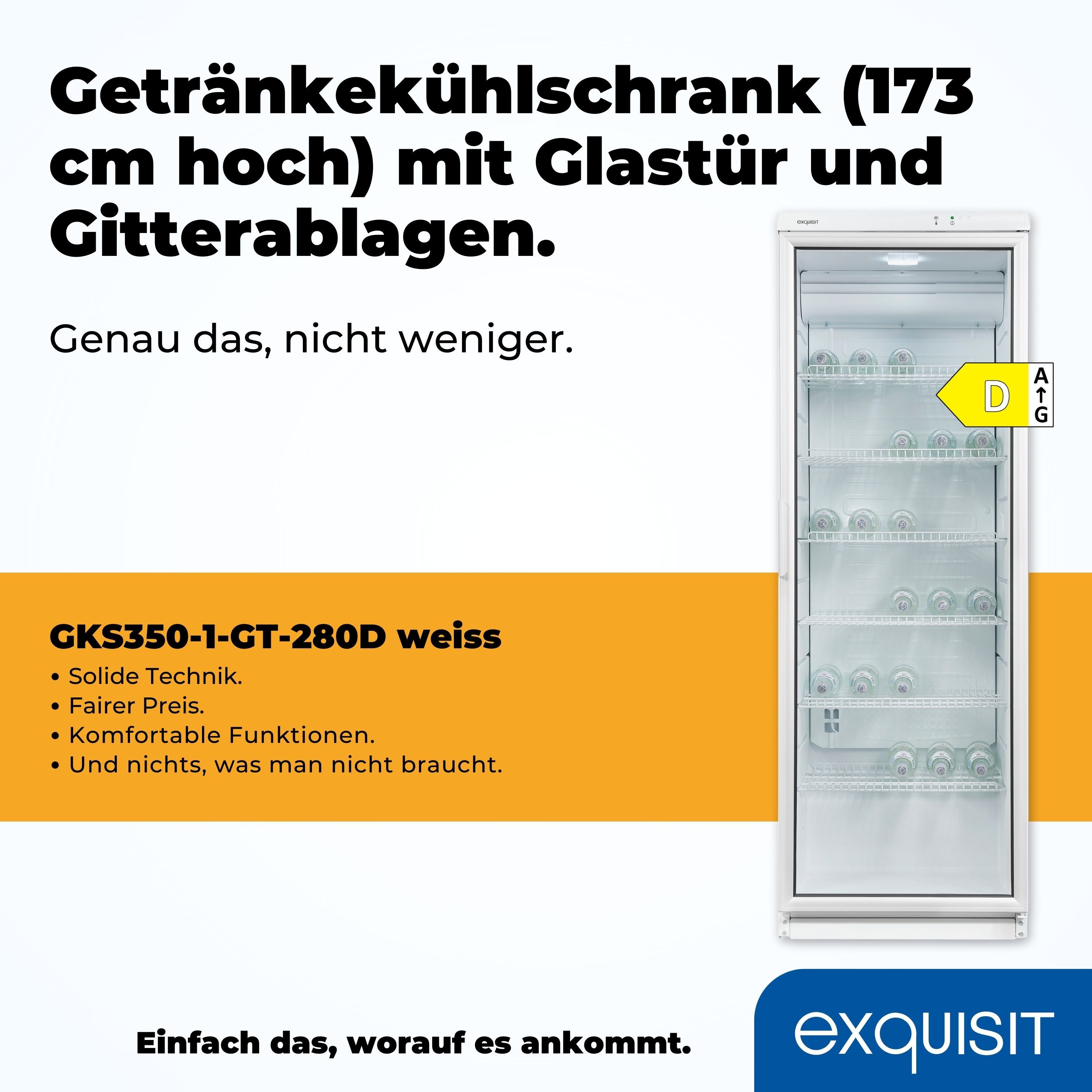 exquisit Getränkekühlschrank GKS350-1-GT-280D weiss, 173 cm hoch, 60 cm breit, 6 robuste Gitterablagen zur Lagerung von Flaschen oder Getränkekisten