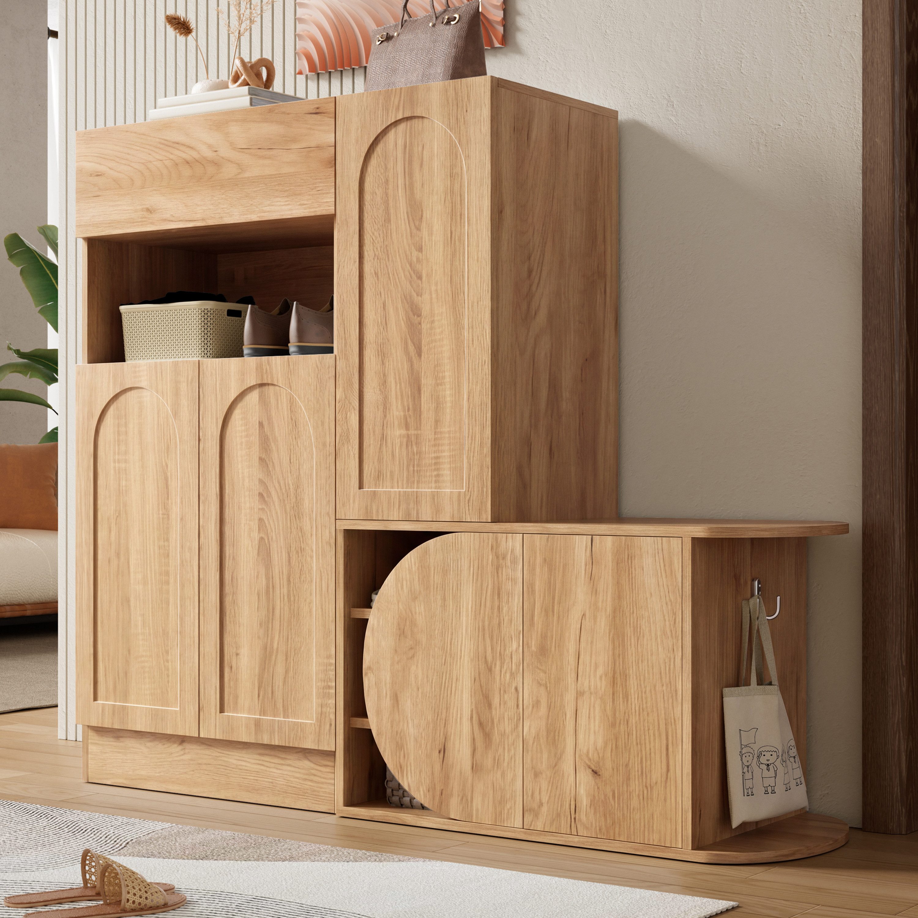Merax Schuhschrank mit Sitzbank, 5 Türen, 1 Schublade, Offenes Fach (1-St., Schuhregal, Schuhablage, Schuhkommode) für Flur und Eingangsbereich