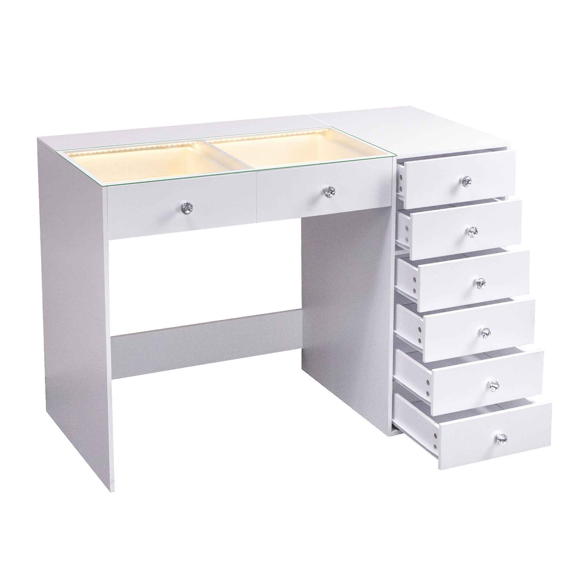 FENCHILIN Schminktisch mit 8 Schubladen und dimmbarem LED-Spiegel, 10-facher Lupe, Kosmetiktisch mit Glasplatte 120 x 55 x 81 cm – Bild 5 von 5