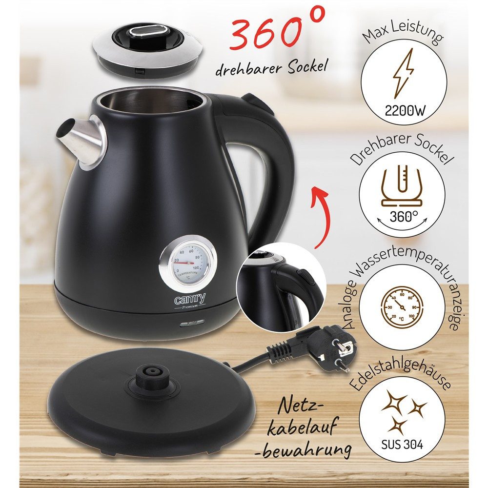 Camry Wasserkocher CR 1344b Retro Edelstahl Wasserkocher mit Thermometer, 1,7 l, 2200 W, analoge Temperaturanzeige, Kalkfilter, Teekocher, Tee, Kaffee, Schwarz