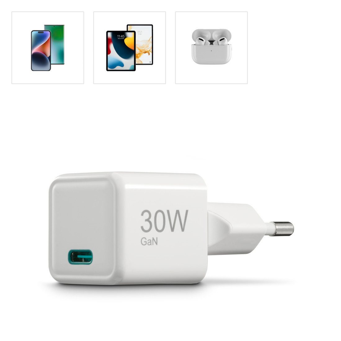 Hama Schnellladegerät (USB-C, PD/QC, extraklein 3,1 x 2,85 x 2,85 cm, 30 W) Schnelllade-Gerät (1-tlg., GaN-Ladegerät für Handys, Tablets, AirPods und Power Packs)