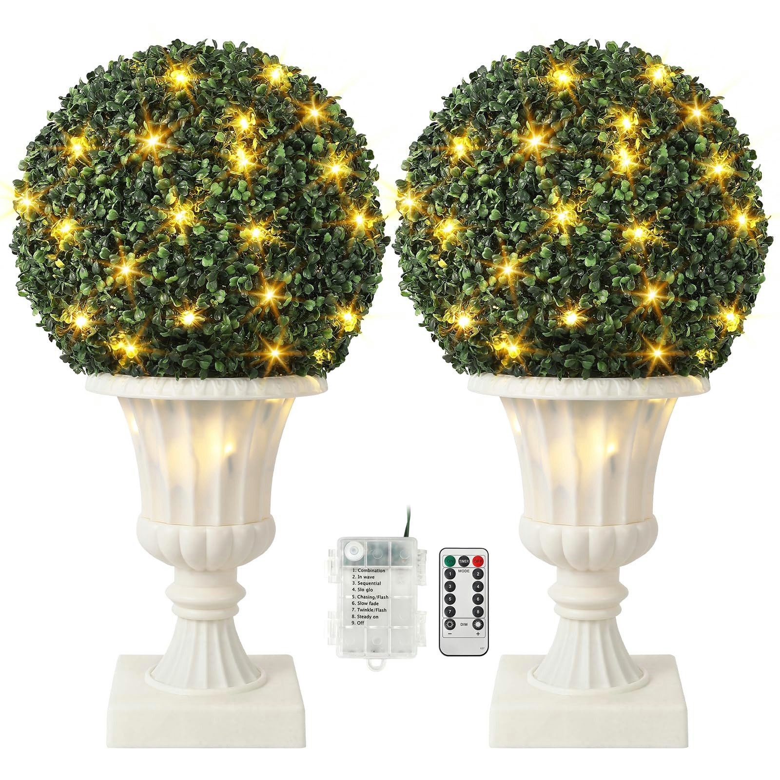 Kunstbaum 2er-Pack künstliche Buchsbaumkugeln Künstliche Zimmerpflanze Buchsbaumkugeln, GarveeMore, Höhe 68.58 cm, Kunstpflanze mit LED-Beleuchtung, UV-beständig, Waterproof, Sturdy Pot