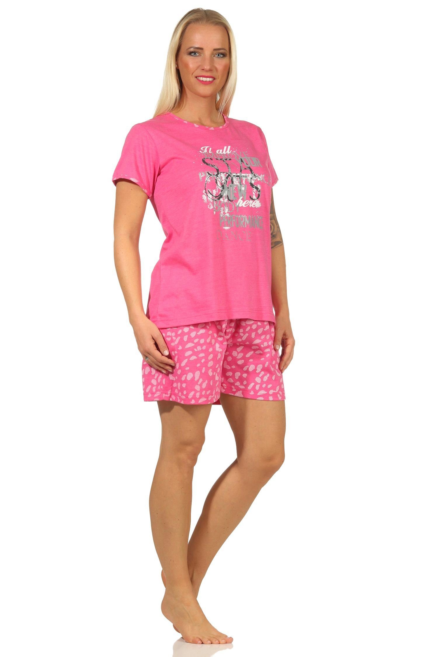 by Shorty Schlafanzug Pyjama pink mit und Damen Normann Frontprint Hose RELAX kurzer kurzarm