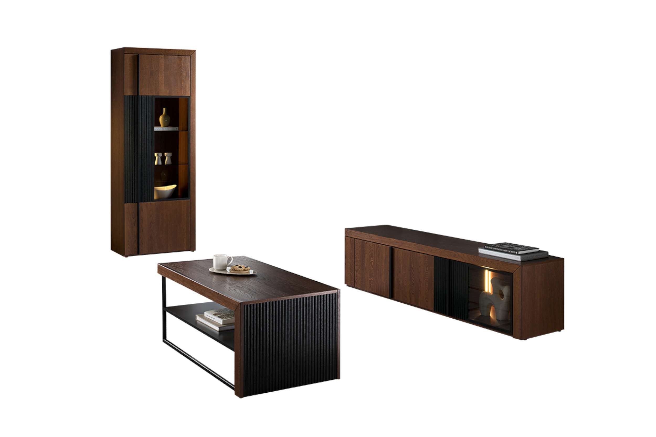 99rooms Wohnwand Vils, (Set (3-St), Wohnmöbel), mit viel Stauraum, LED-Beleuchtung, Soft-Close, aus Massivholz