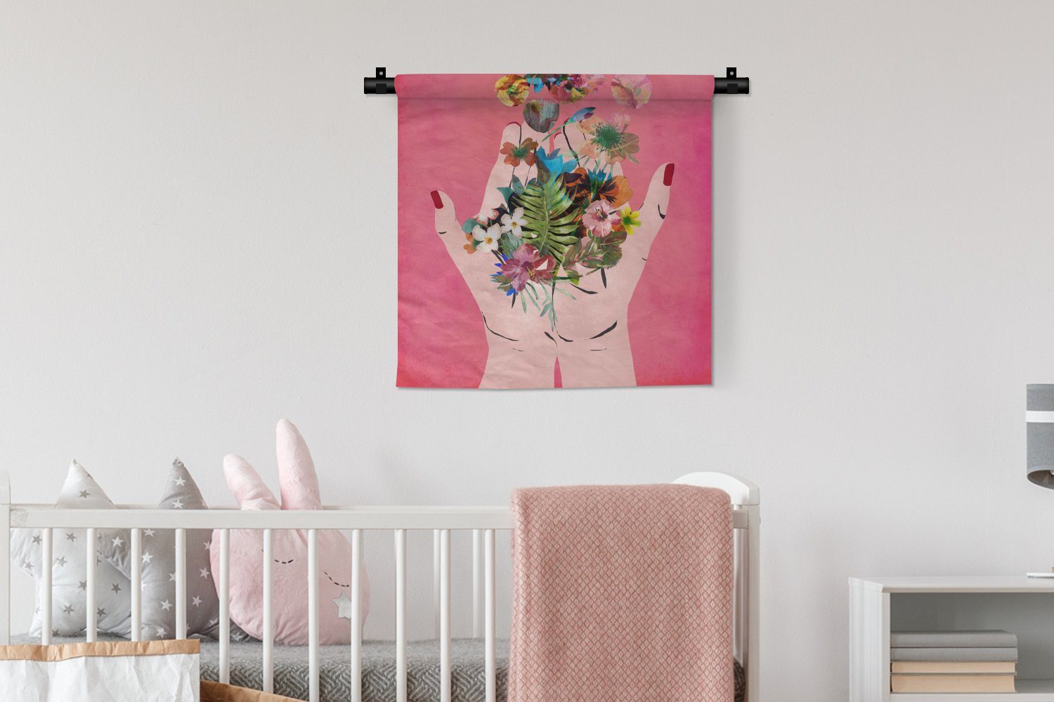 Rosa Blumen für Kleid, Abstrakt Wanddekoobjekt Kinderzimmer MuchoWow Schlafzimmer, Wandbehang, Kunst, - - Wohnzimmer, - Wanddeko