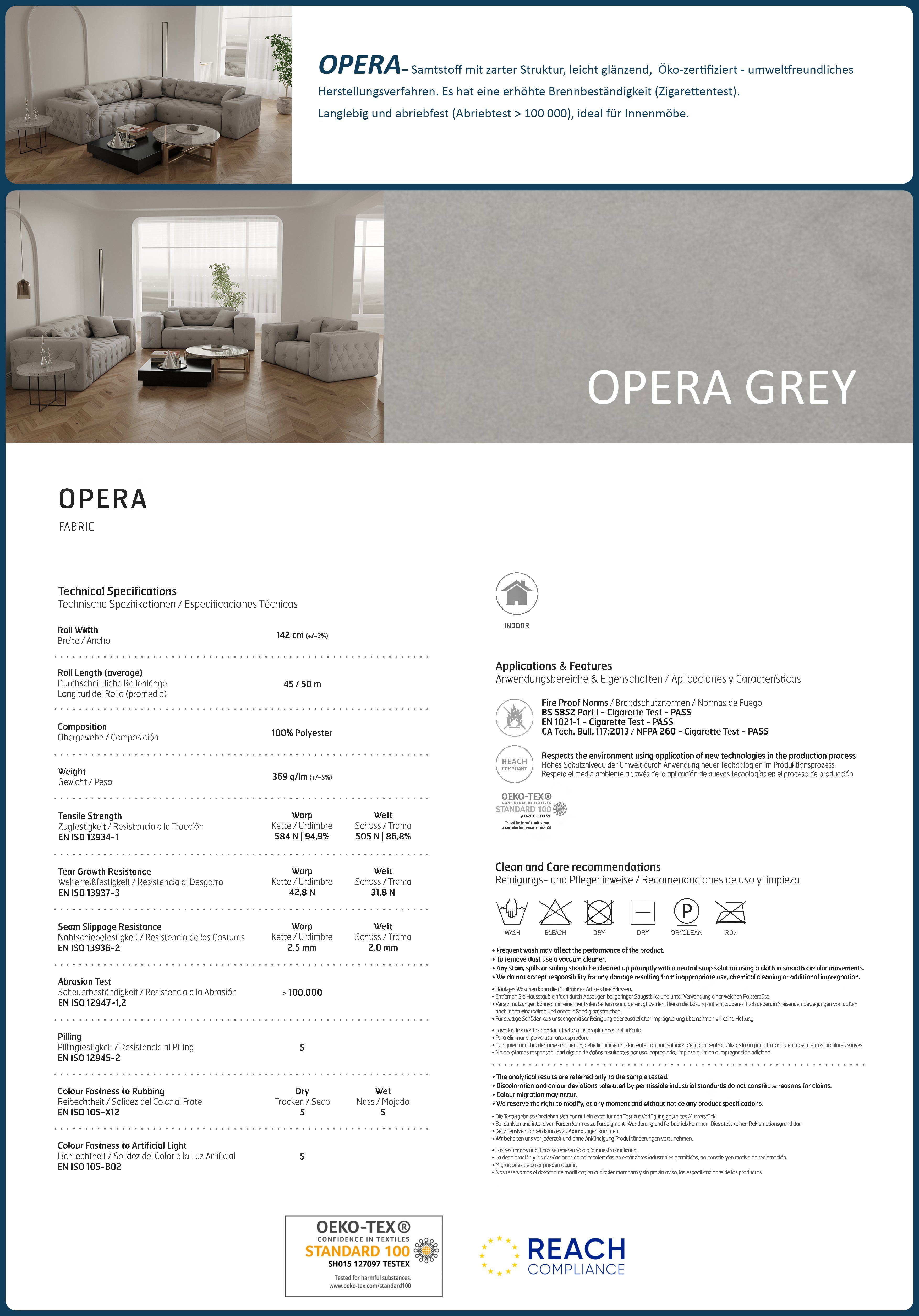 + Opera im Moreno, + Chesterfield-Design, Zweisitzer mit grey mit aus Wellenunterfederung), Dreisitzer, light Polstergarnitur Beautysofa Velours hochwertiger Knopfheftung (Sessel