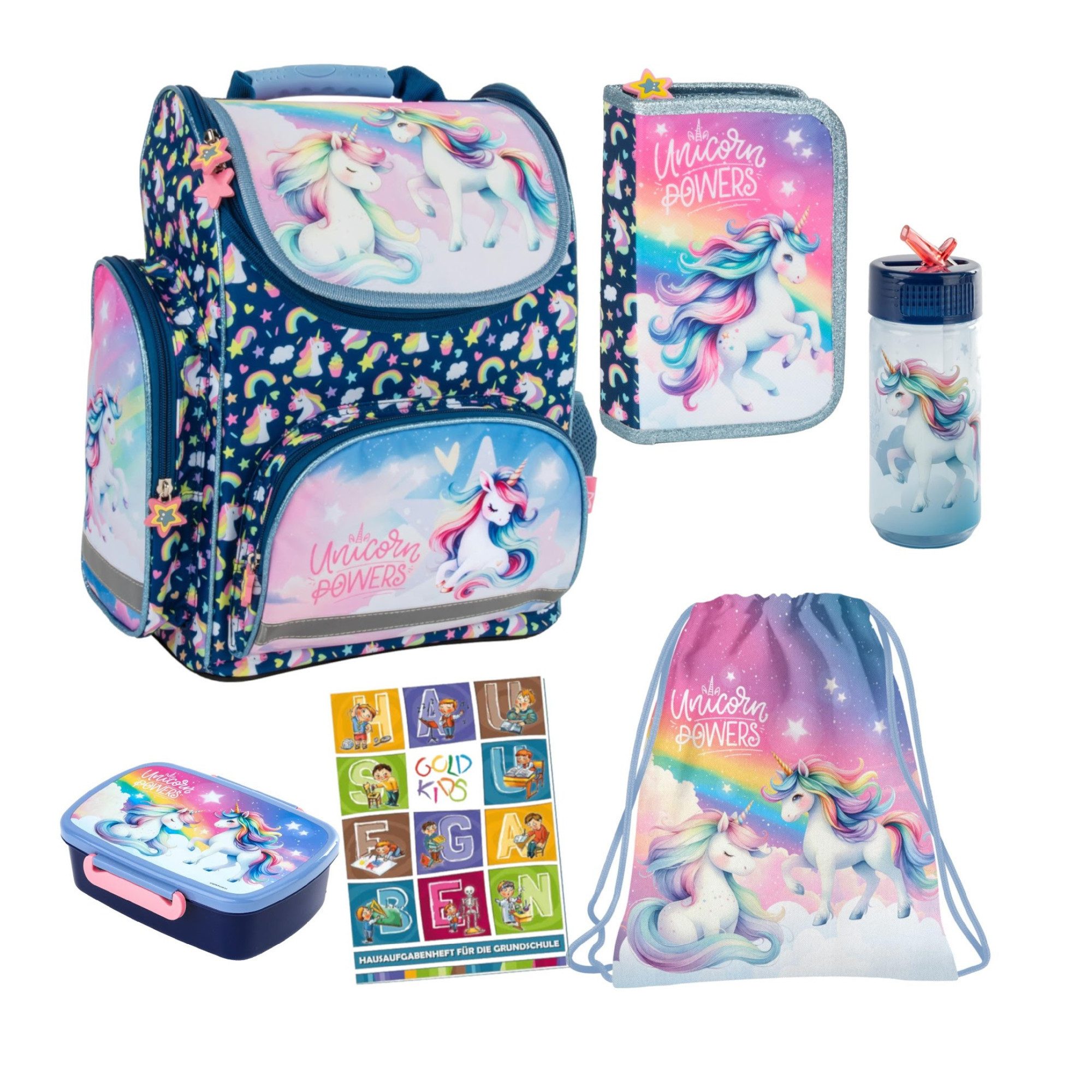 GOLDKIDS Schulranzen für Jungen und Mädchen, 6er-Set - (Schul-Rucksack für Kinder mit Federmäppchen -, 1-tlg., Schuhbeutel Trinkflasche und Brotdose), - Einhorn Motiv - 1-3 Klasse