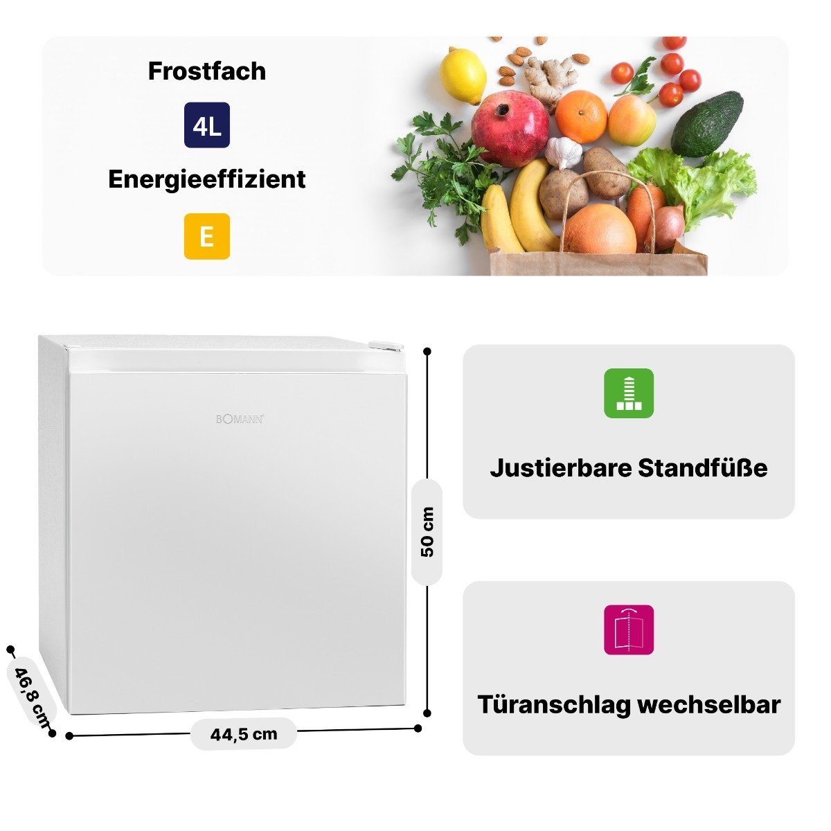 leise cm KB Kühlschrank Kühlschrank BOMANN Kühlbox weiß Mini 45L 7245, cm 44.5 hoch, m. Gefrierfach breit, 50