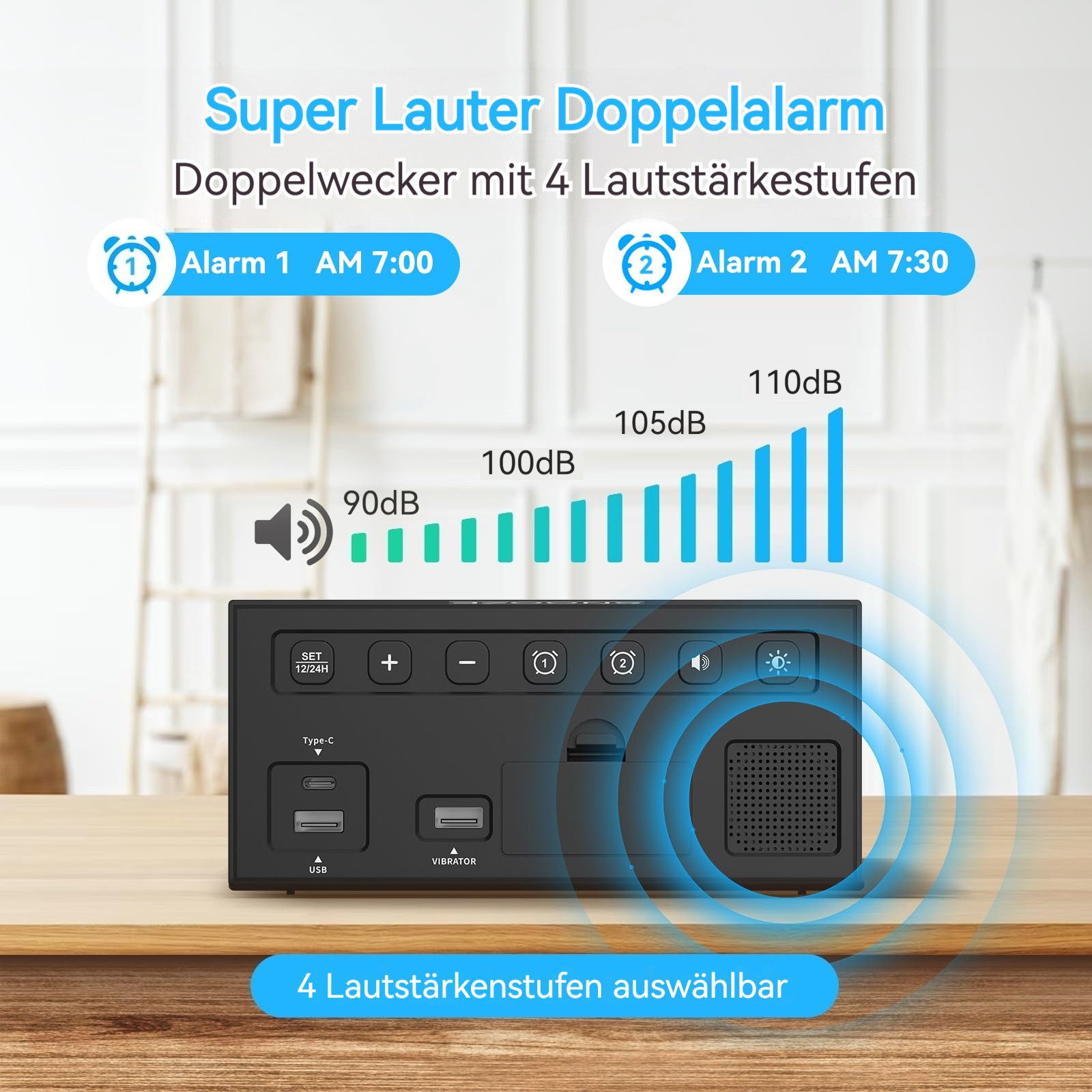 BlingBin Wecker LED-Wecker mit Bettschüttler, Doppelalarm USB-Anschluss Schlummer Digitaler Uhr Gehörlose für Schwerhörige, Hörgeschädigte, Teenager