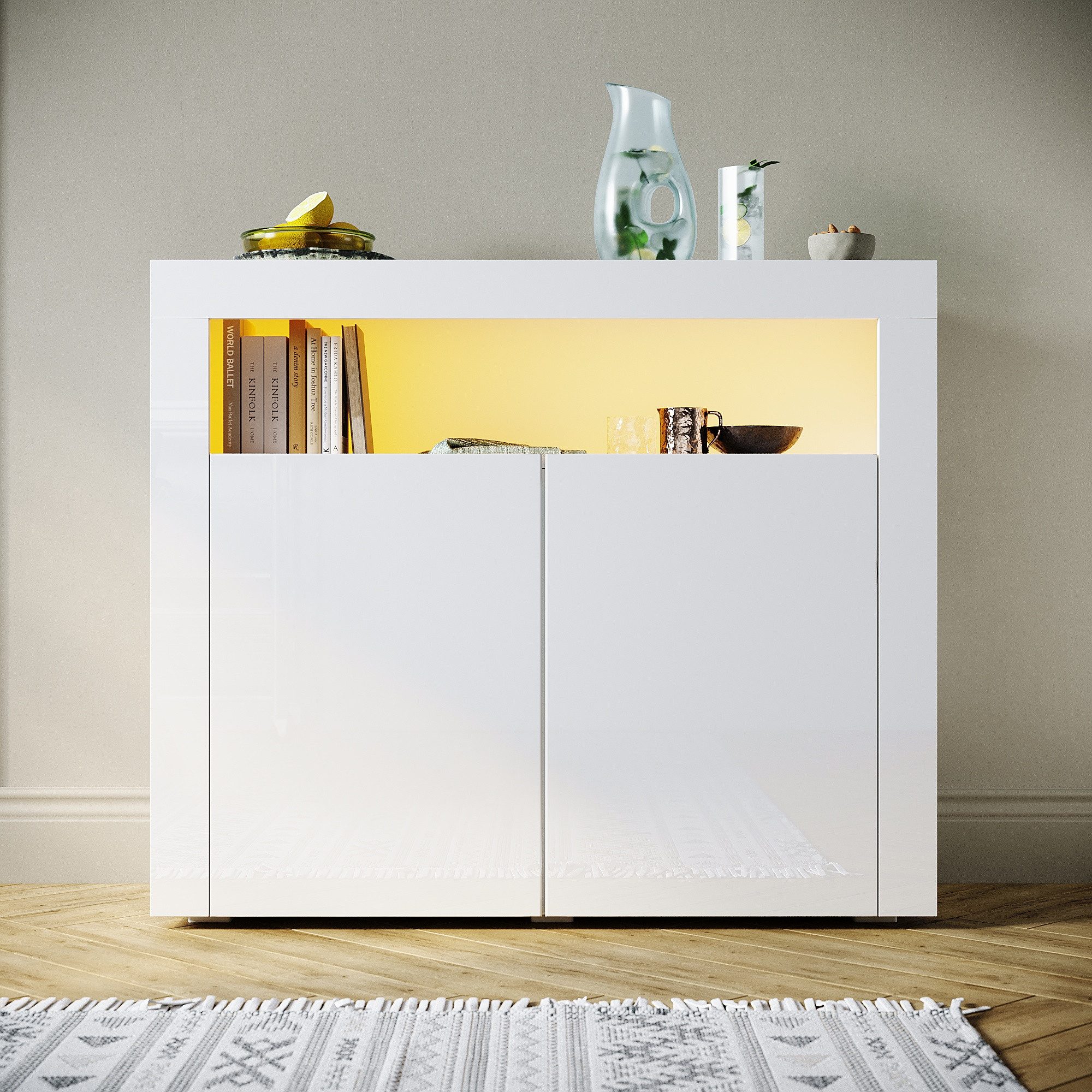 SONNI Highboard Sideboard weiß Hochglanz mit LED Beleuchtung 116x93x35cm, S günstig online kaufen