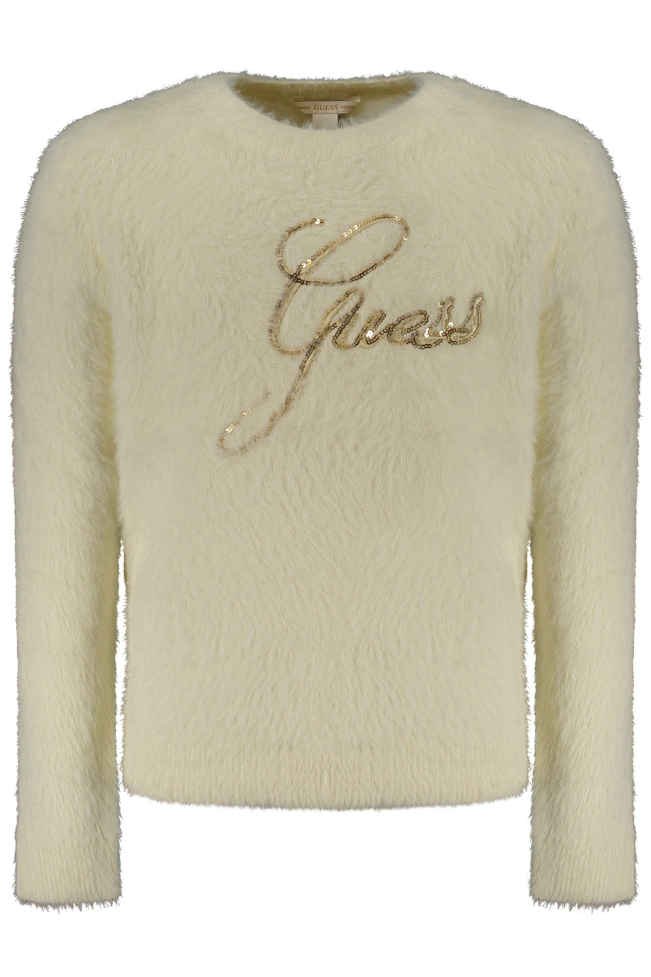 GUESS JEANS Strickpullover Mädchenpullover Weiß mit Stickerei & Pailletten - Langarm, Rundhals
