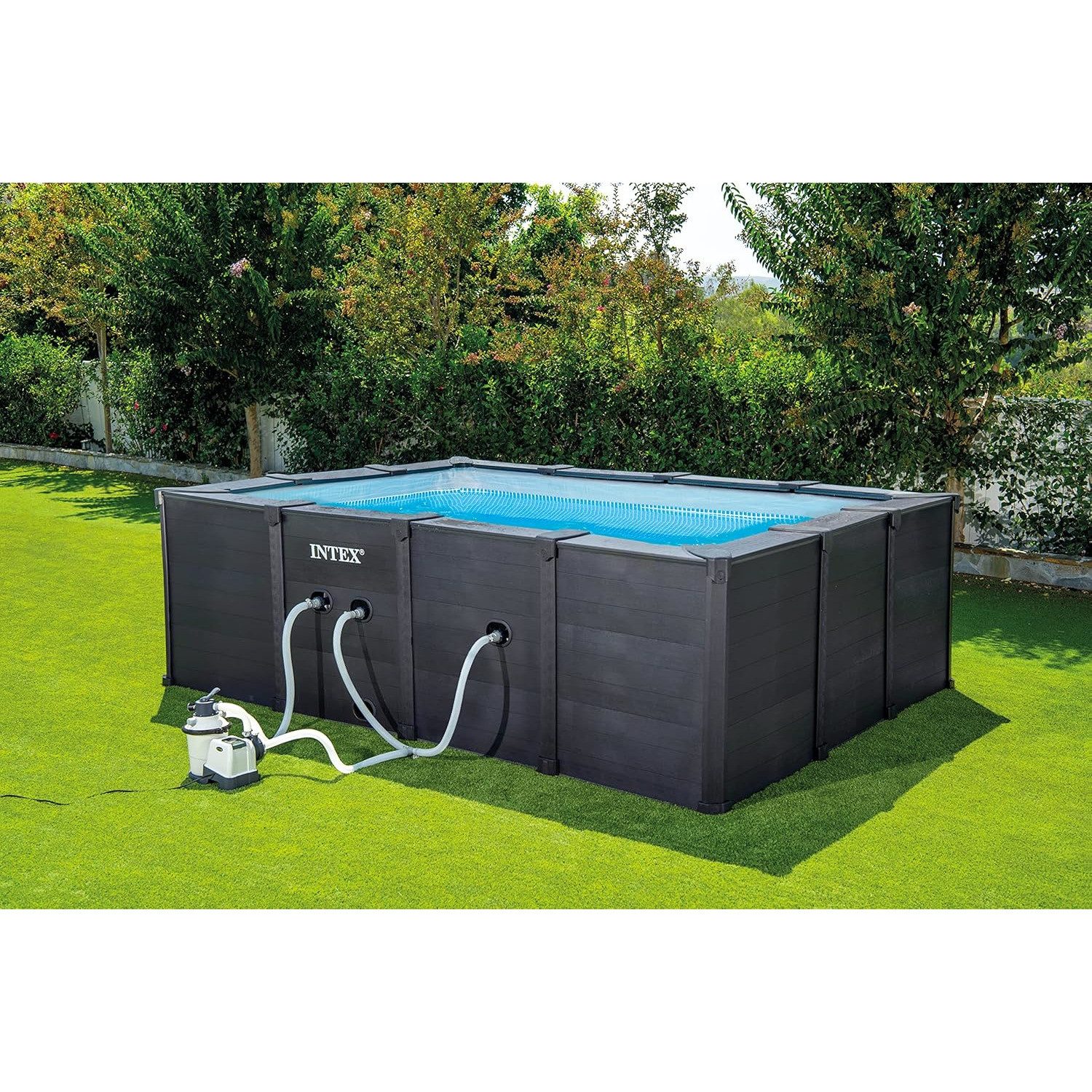 Intex Pool GraphiteGray PoolSet 400x300x124cm, Set inkl. Sandfilterpumpe, Leiter, Boden- & Abdeckplane