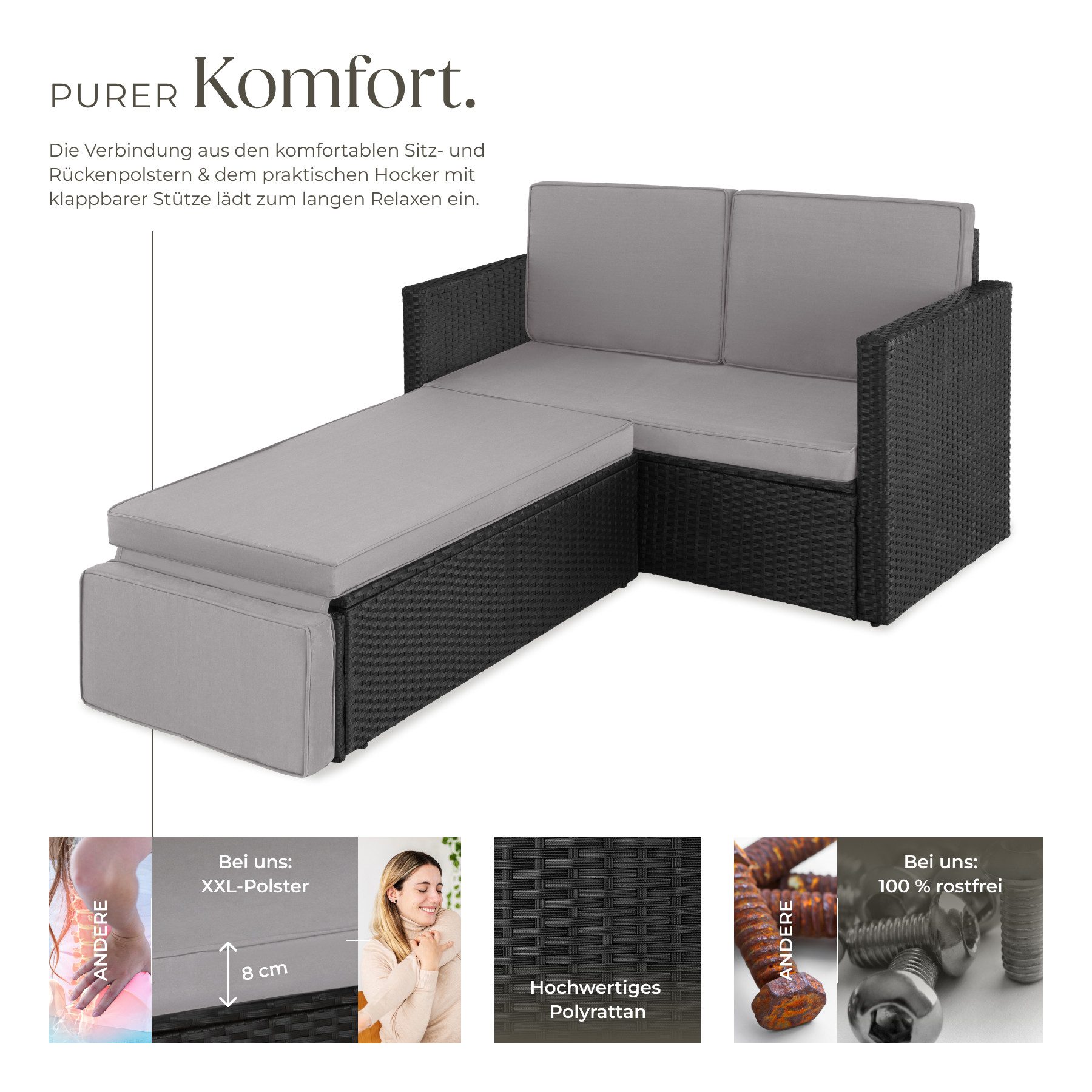 tectake Loungeset Rattan Sitzgruppe inkl. Hocker mit klappbarer Stütze, 2-Sitzer, (Gartenlounge-set Korfu, 2-tlg., geeignet für Outdoor in Schwarz/Grau), widerstandsfähig und UV-beständig, Dicke der Polster 8 cm