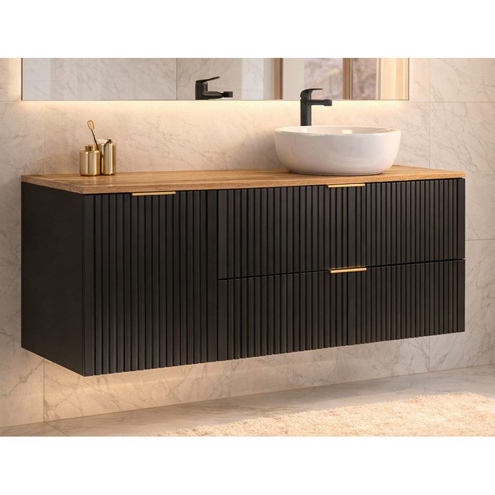 Lomadox Waschtisch ADELAIDE-56-BLACK, 120 cm in schwarz mit Eiche, 2 Schubladen & 1 Klappe mit Wäschekorb