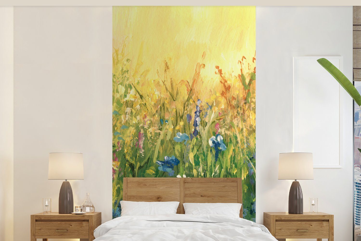 MuchoWow Fototapete Blumen - Aquarell - Sonne, Matt, bedruckt, (2 St), Vliestapete für Wohnzimmer Schlafzimmer Küche, Fototapete | Fototapeten