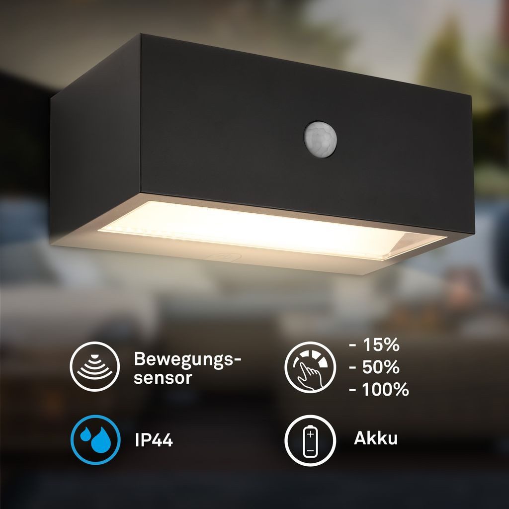 Briloner Leuchten Wandleuchte LED Wandlampe kabellos Akku USB-C Bewegungsmelder, LED wechselbar, 3000K - Warmweiß, 18,5x9,5x7,5 cm, Akku tauschbar, Indoor/Outdoor, Balkon, Hauswand